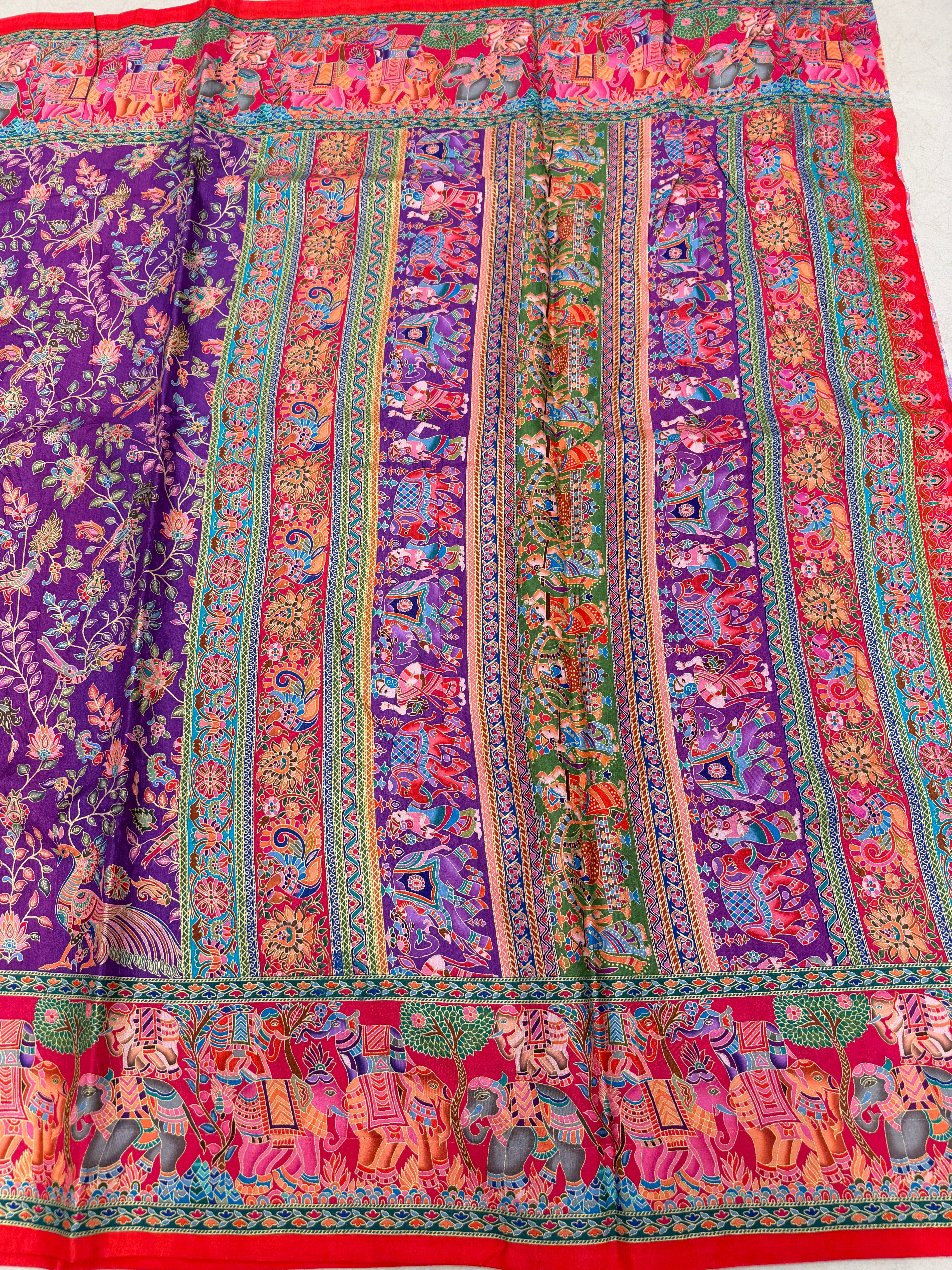 Violet Red Skirt Printed Pashmina Style Multi Colour Saree
