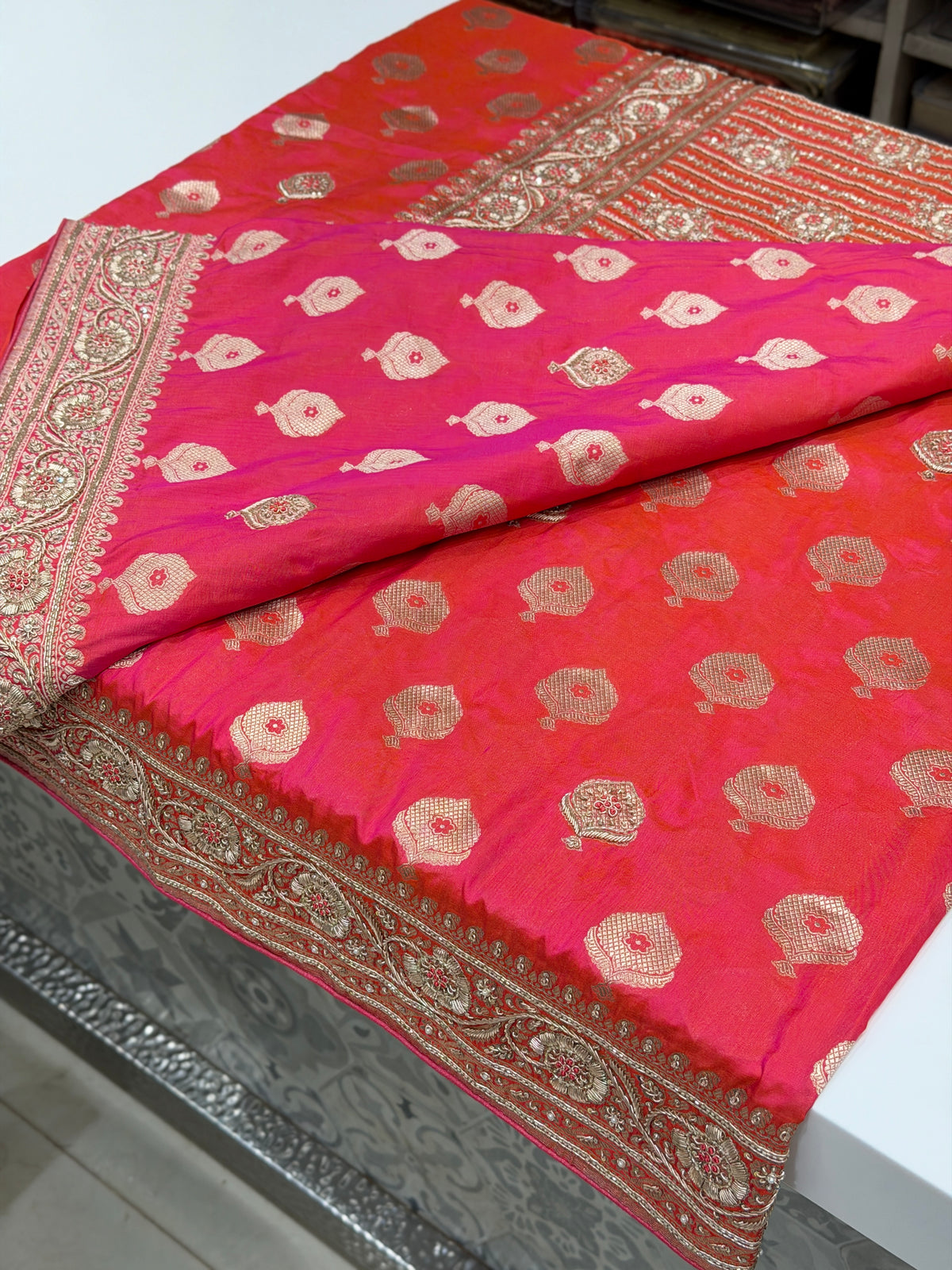 Cross Rani Handloom Banarasi Katan Silk Zardosi Hand Embroidery Saree