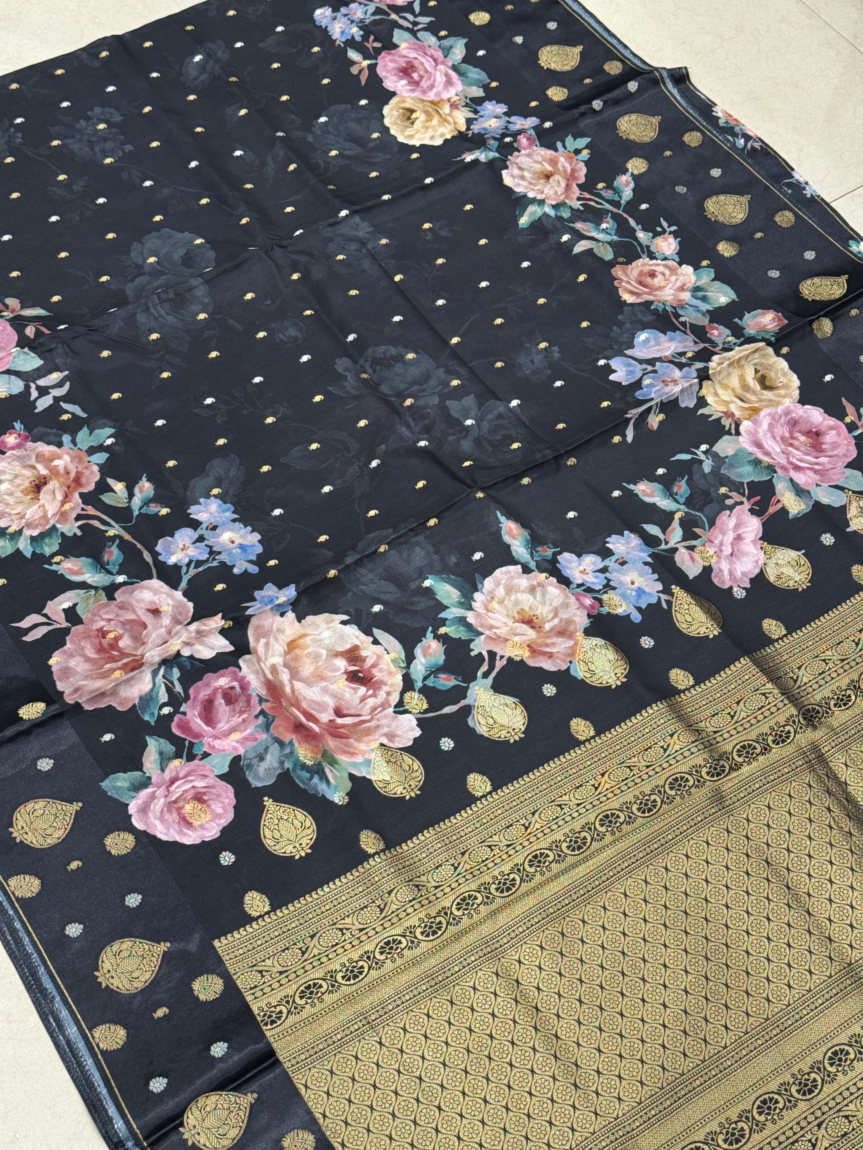 Black Printed Silk Satin Border Saree