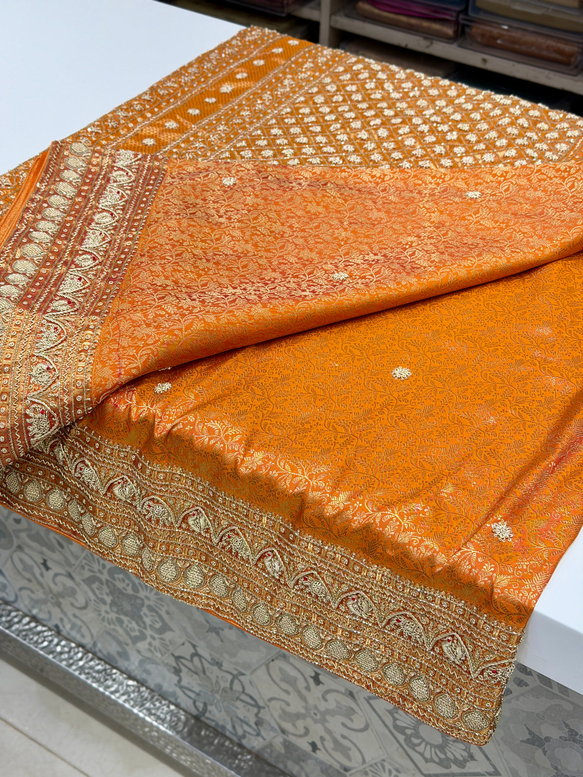 Rust Orange Kanjivaram Elephant Motifs Zardosi Hand Embroidery Saree