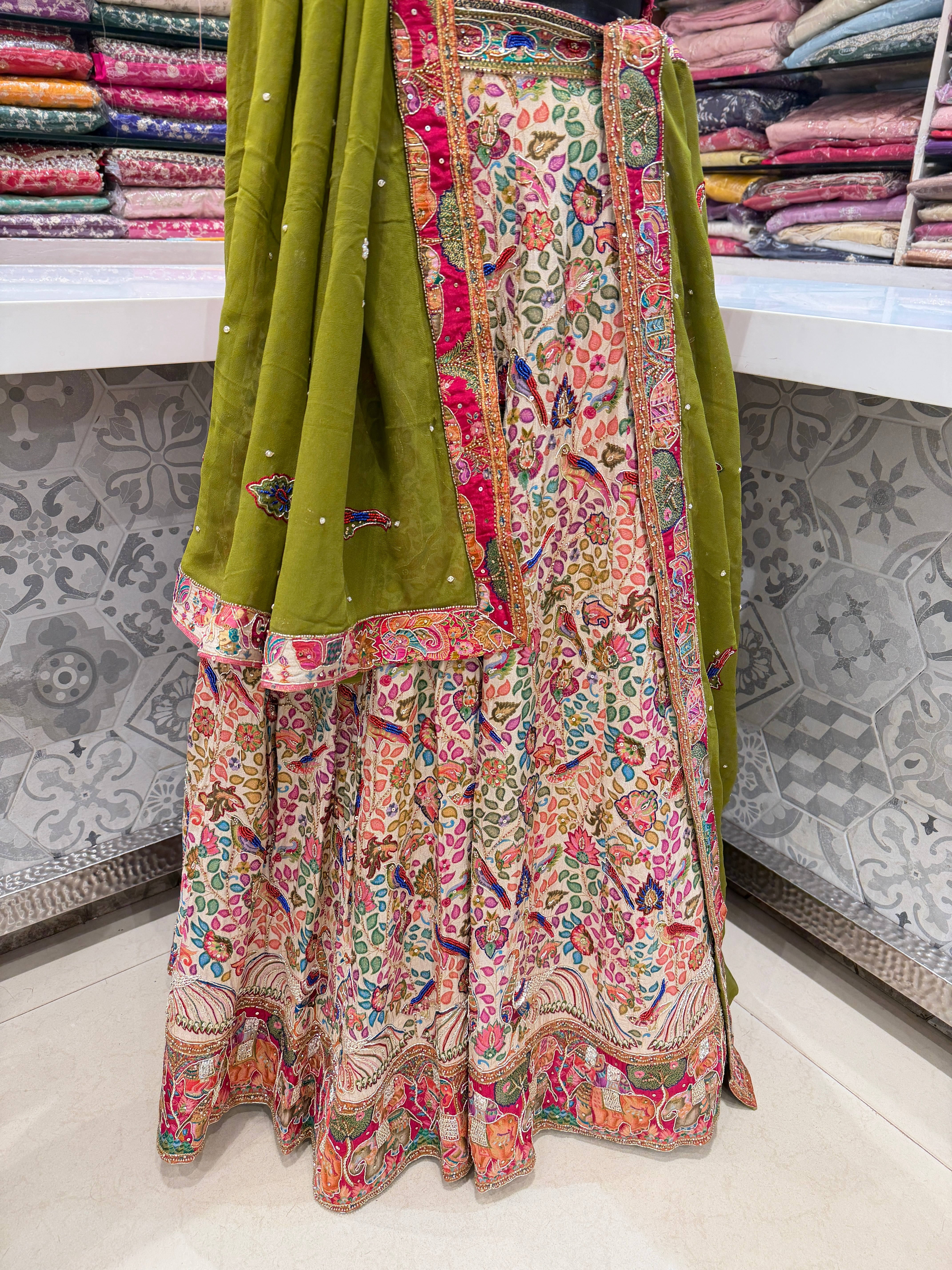 Beige Pashmina Hand Embroidery Skirt and Dupatta Pair