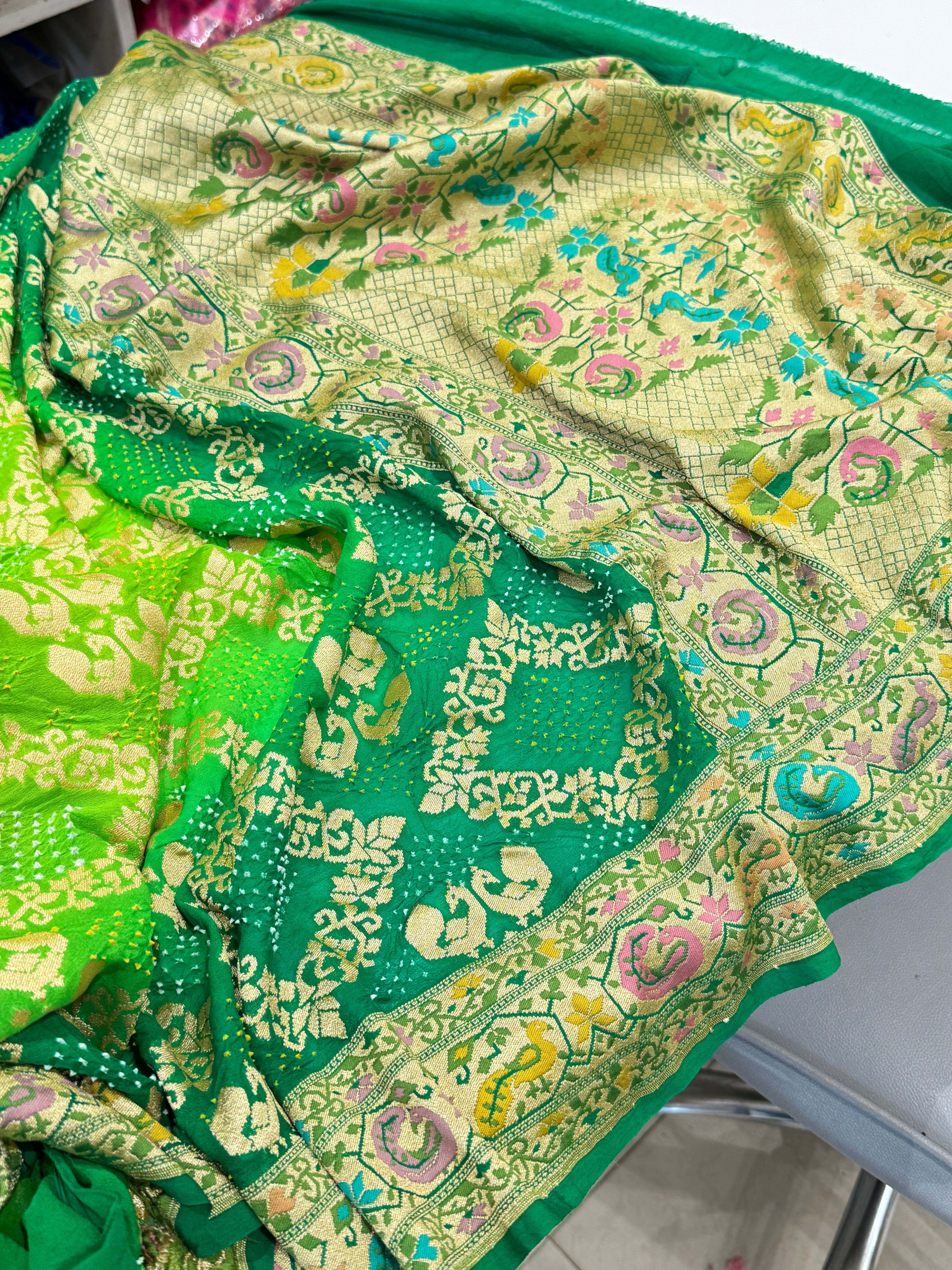 Green Shaded Luxury Bandhej Meenakari Saree