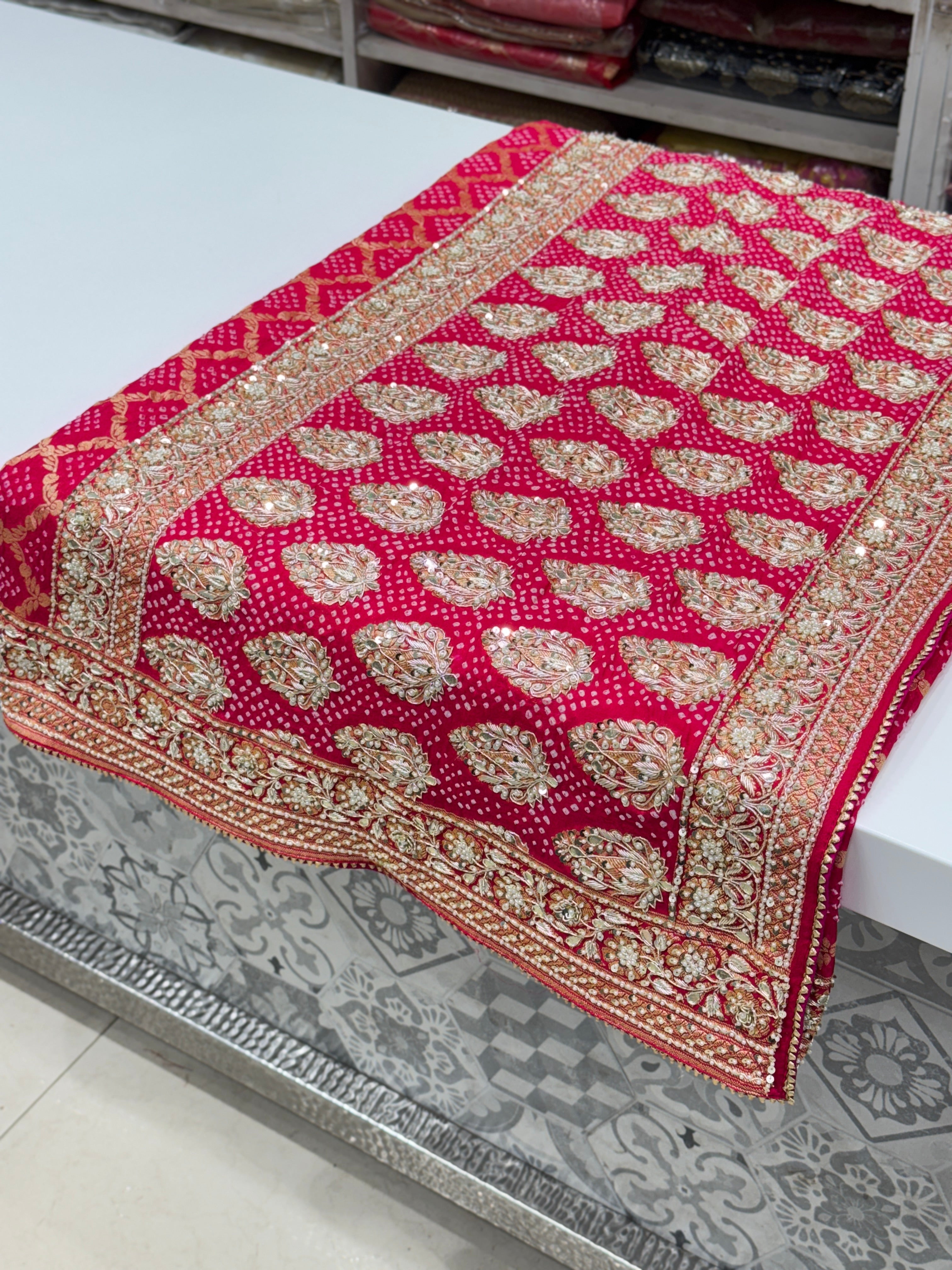 Strawberry Pink Bandhej Embroidery Saree