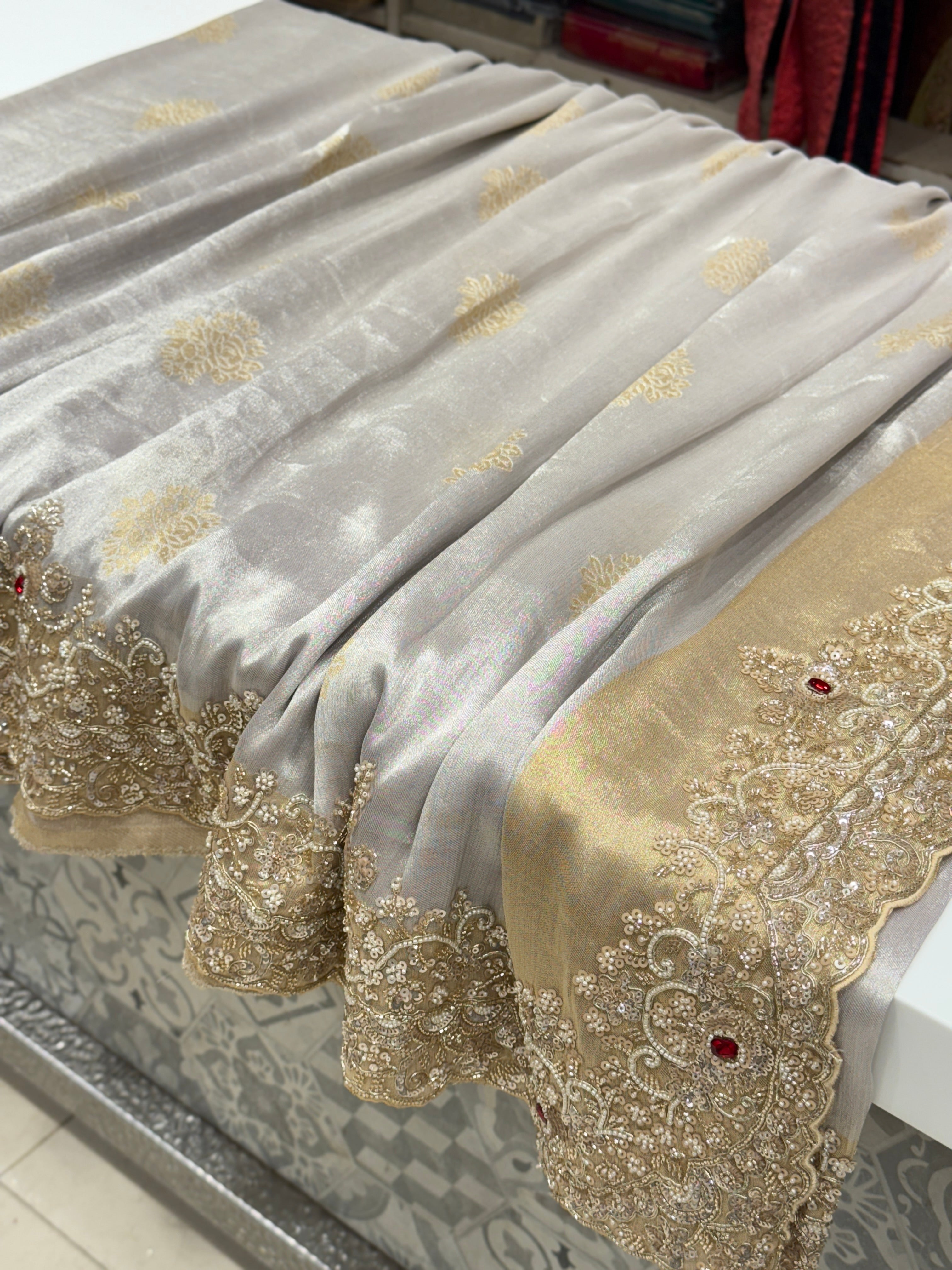 Silver Golden Tissue Moti Cutdana Embroidery Saree