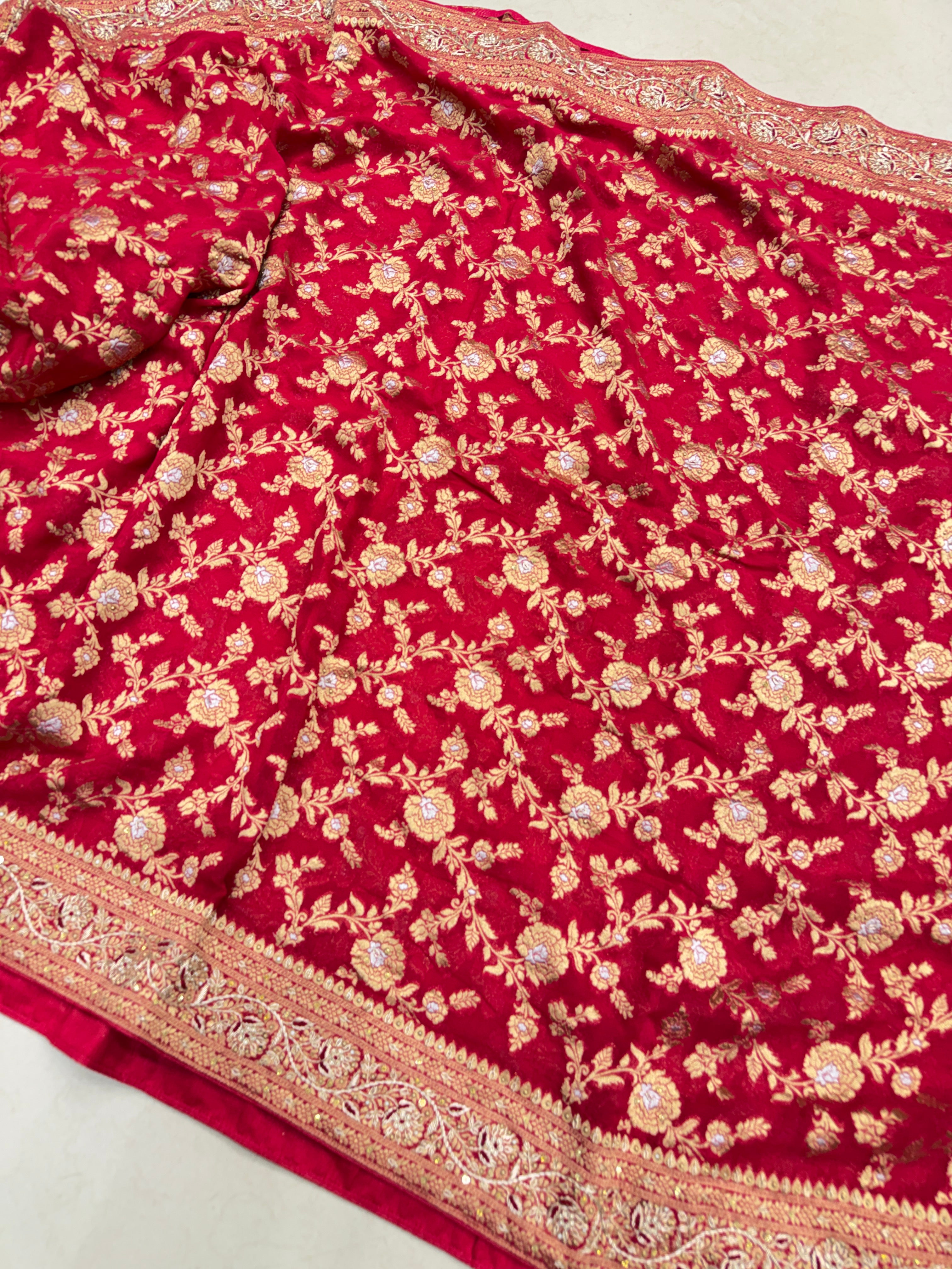 Rani Pink Banarasi Khaddi Georgette Zardosi Hand Embroidery Saree