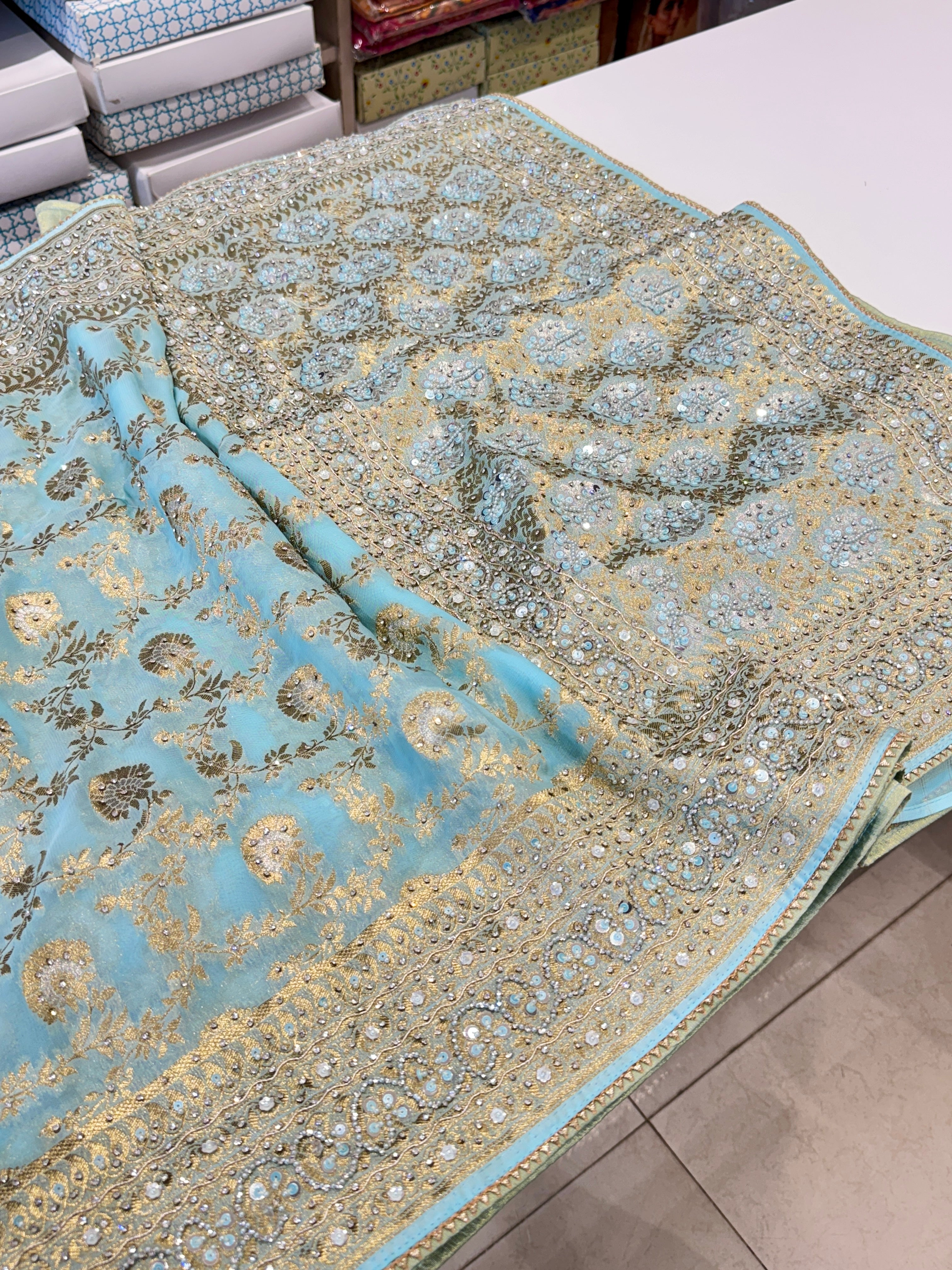 Light Blue Banarasi Khaddi Georgette Hand Embroidery Saree