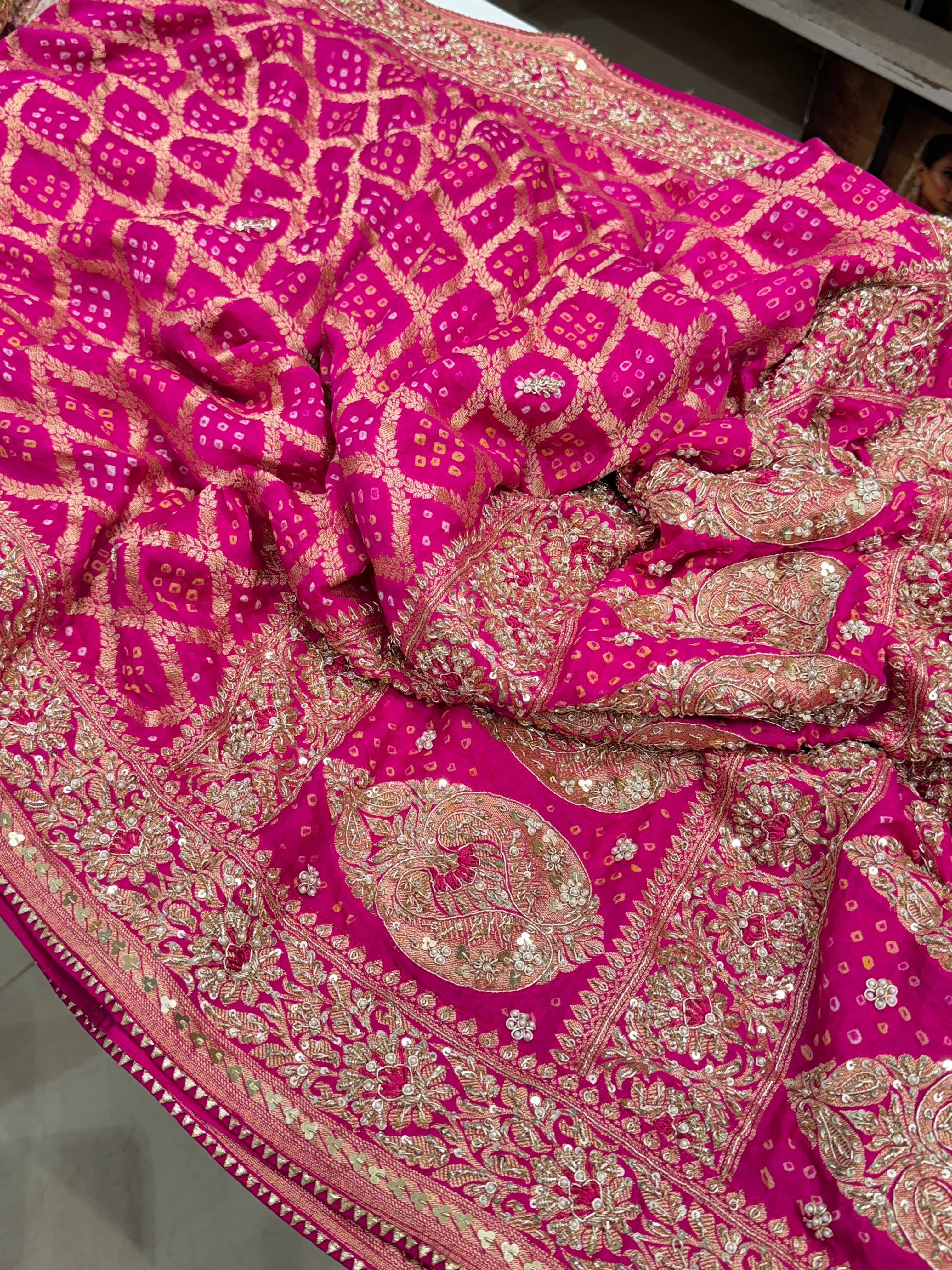 Rani Pink Bandhej Hand Embroidery Saree