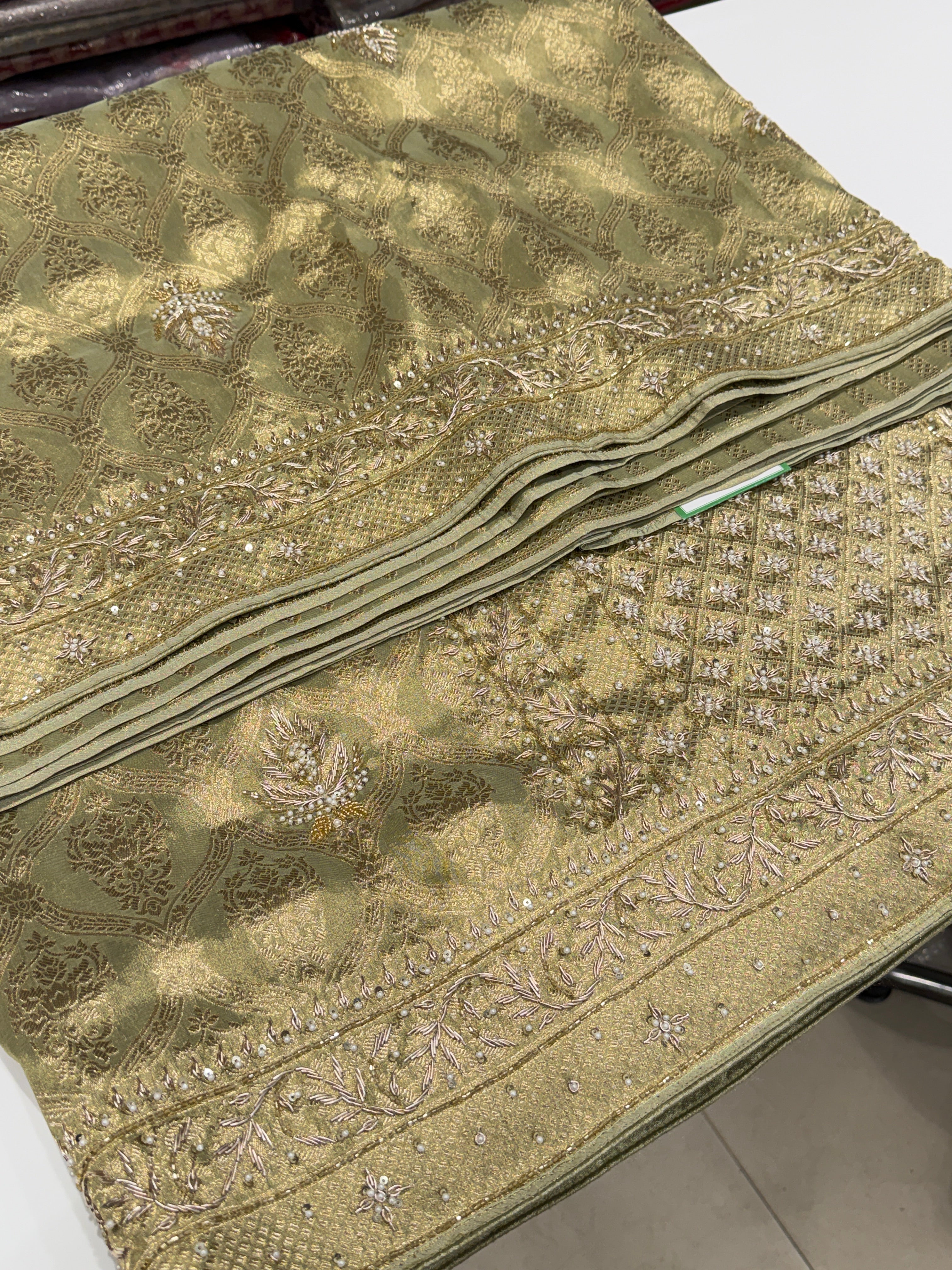 Pista Green Crown Jaal Banarasi Zardosi Embroidery Saree