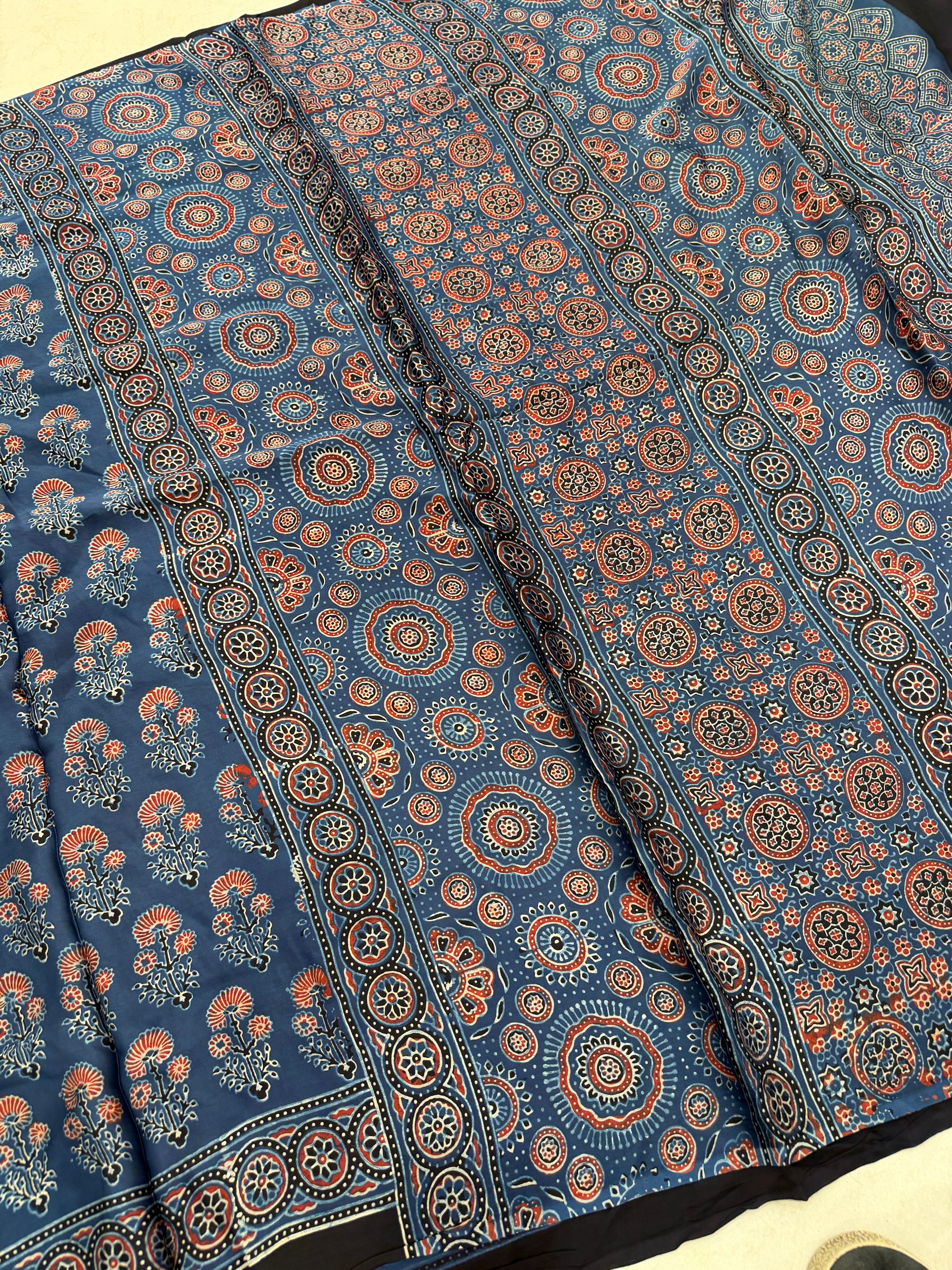 Blue Floral Buttas Ajrakh Hand Block Print Pure Gajji Silk Saree