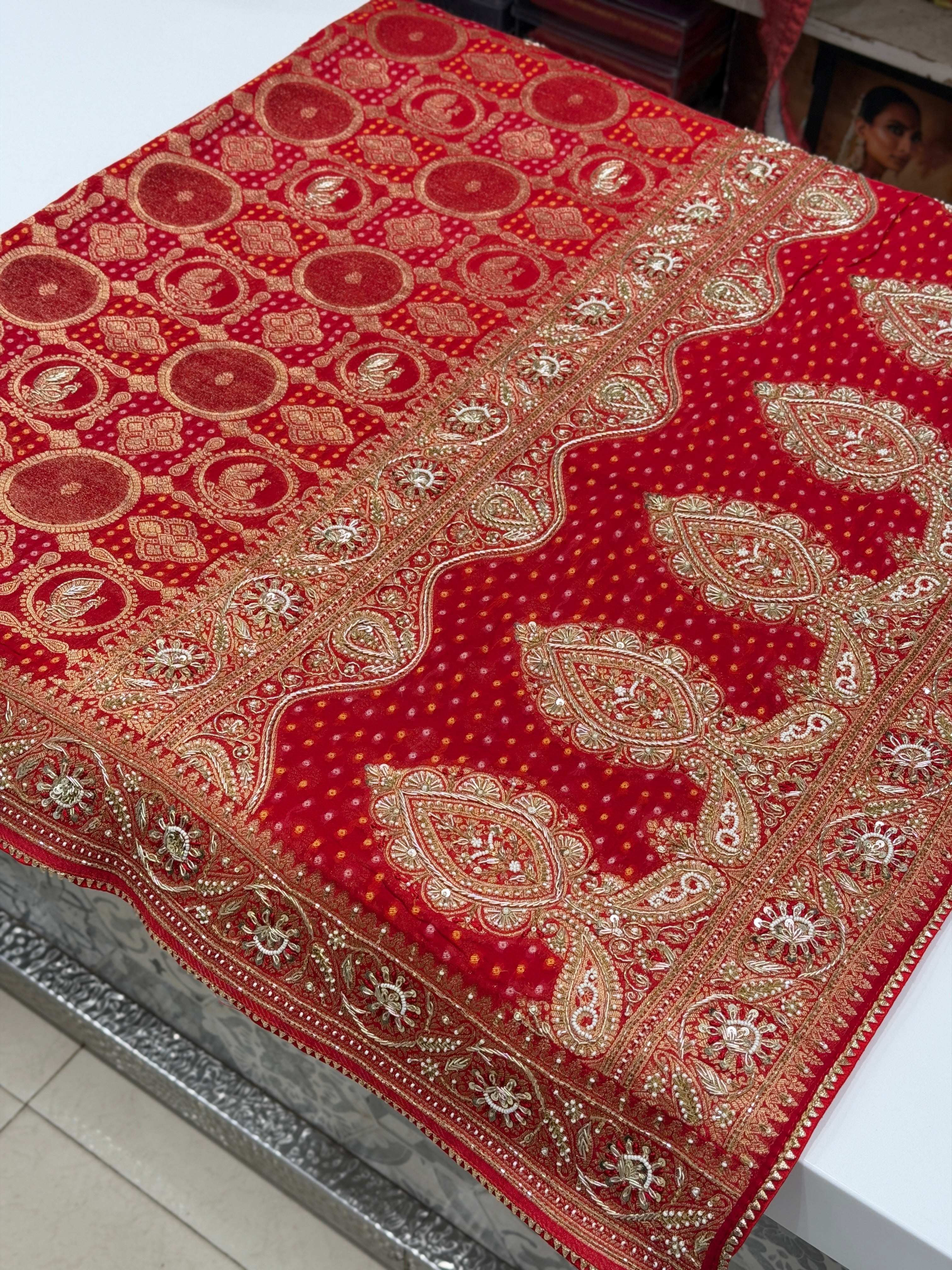 Red Woven Bandhej Zardodi Hand Embroidery Saree