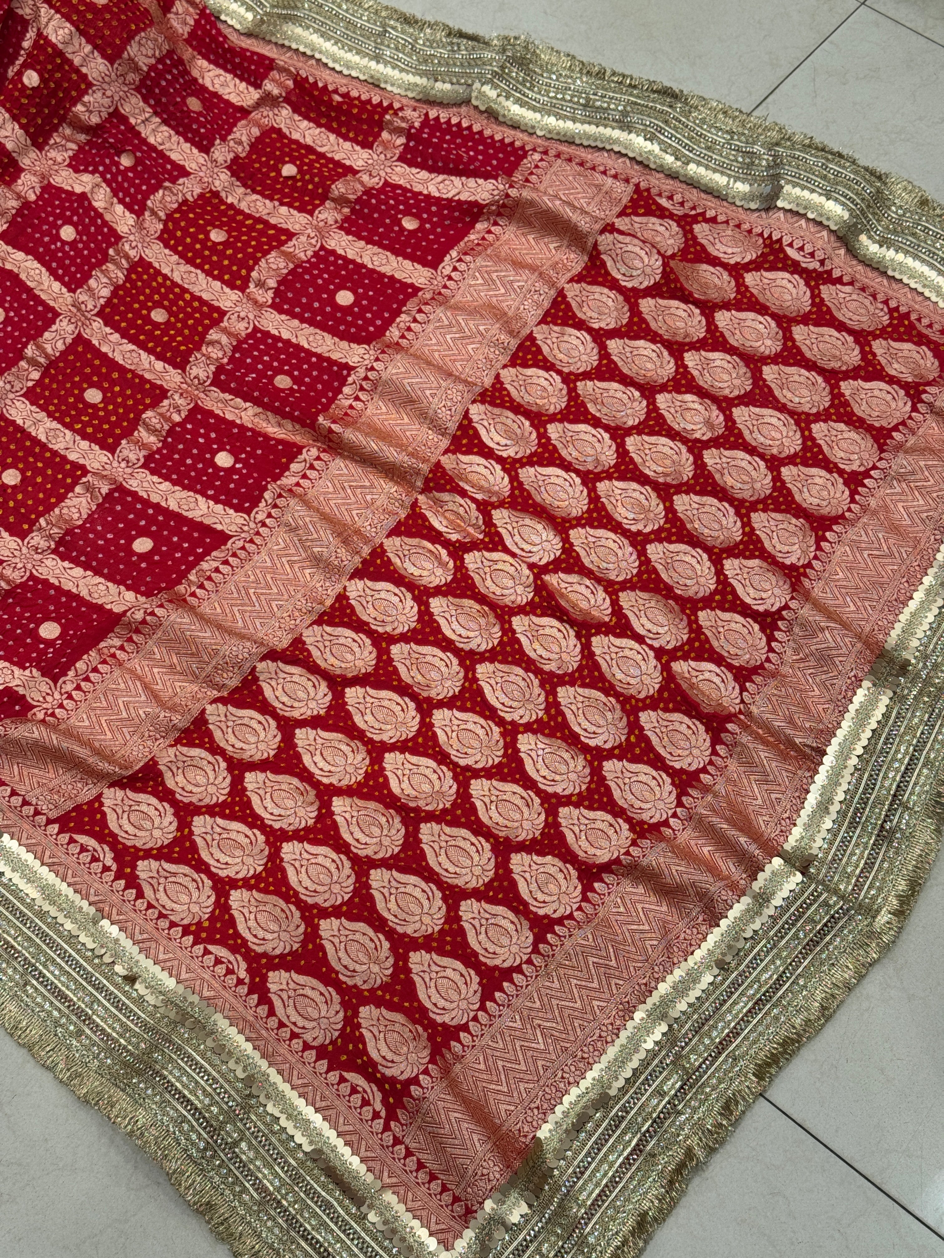 Red Bandhej Maharani Style Saree