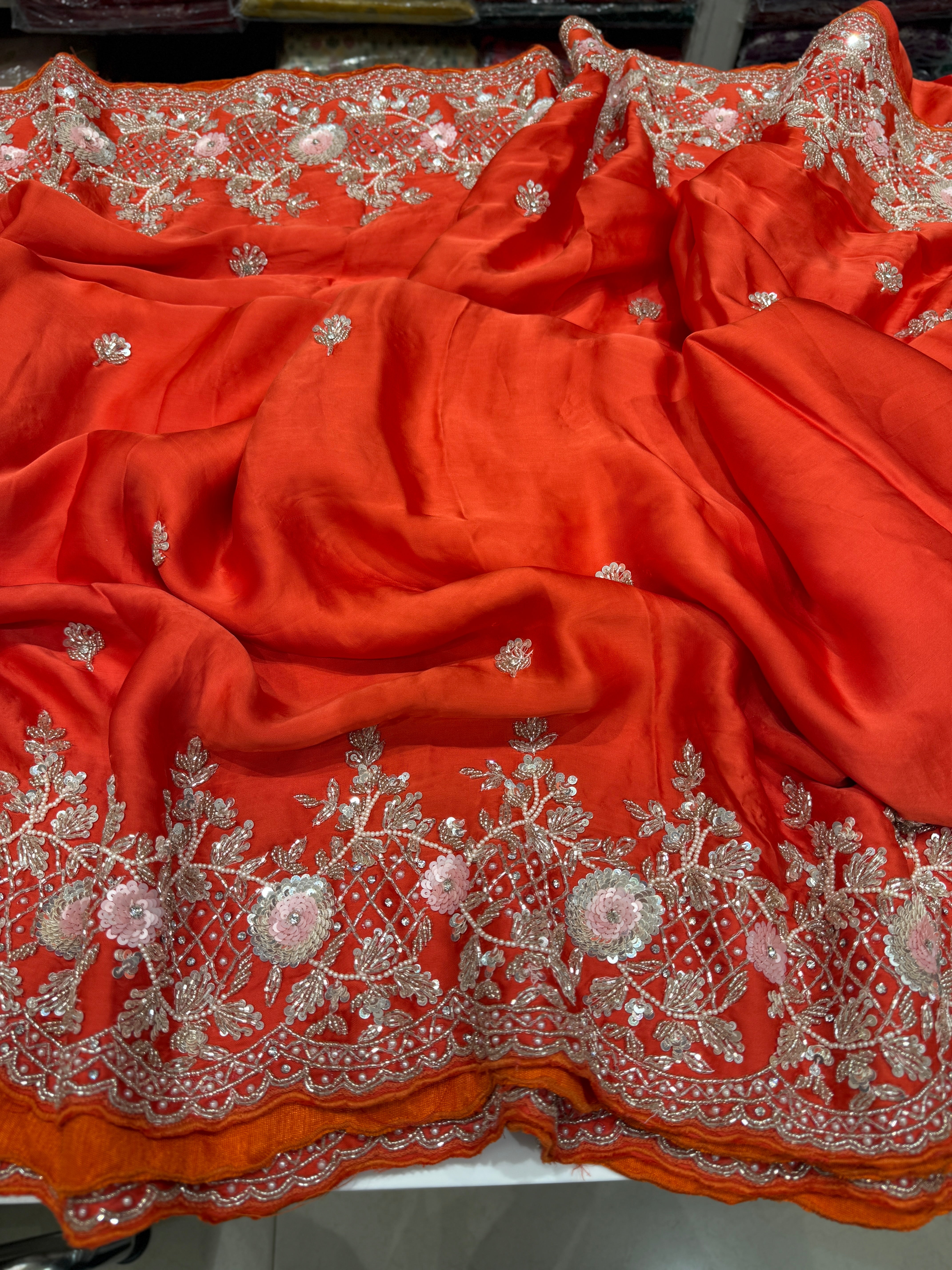 Orange Satin Sequin Moti Border Hand Embroidery Saree