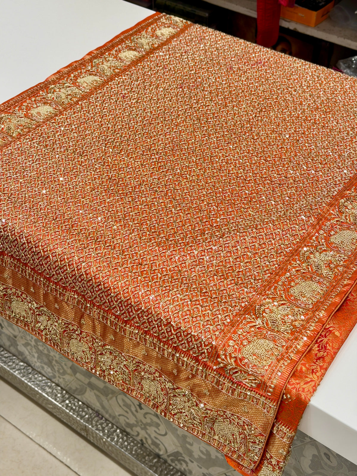 Rust Orange Kanjivaram Elephant Motifs Zardosi Hand Embroidery Saree