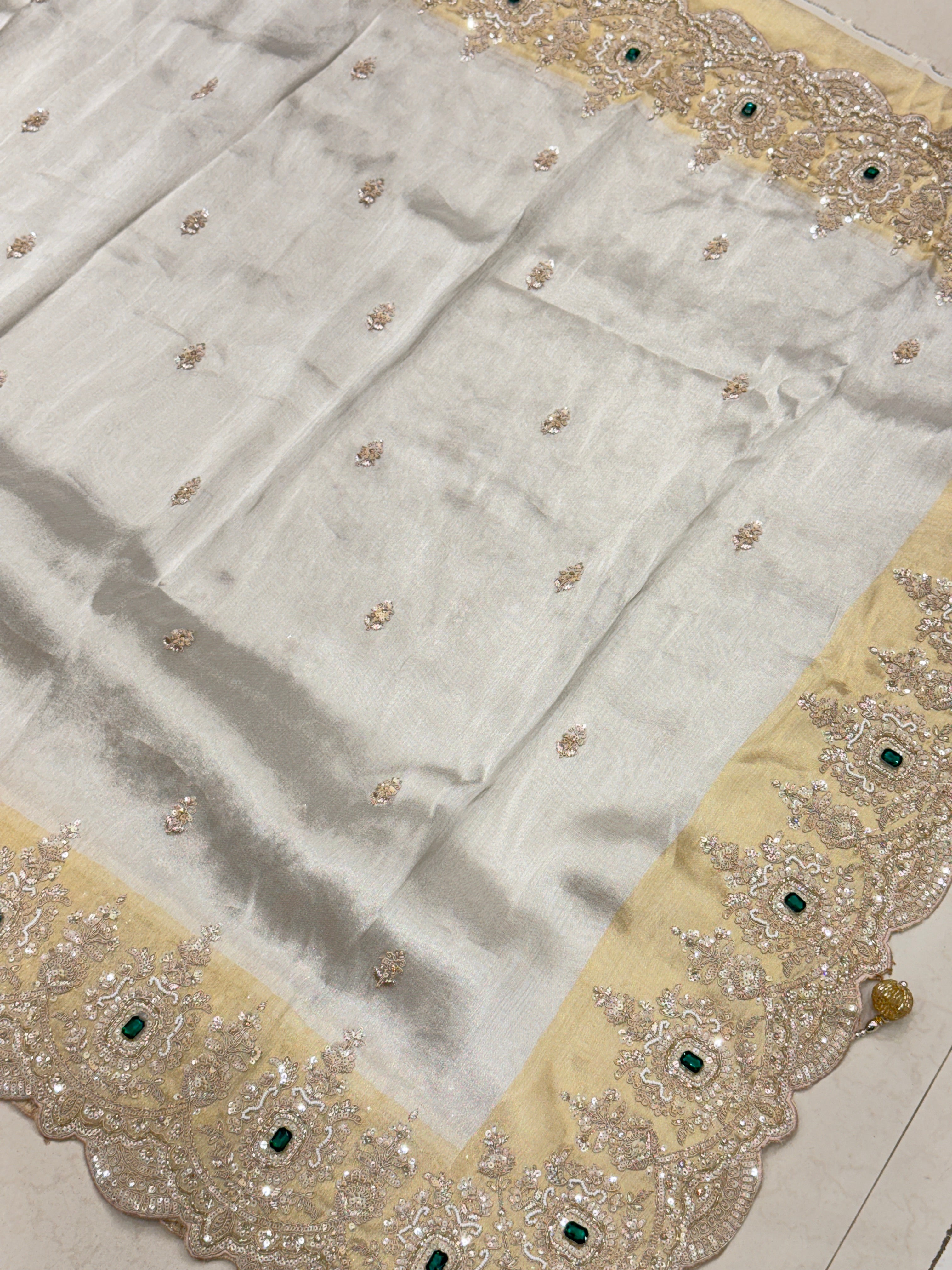 Golden Silver Soft Tissue Moti Crystal Embroidery Saree
