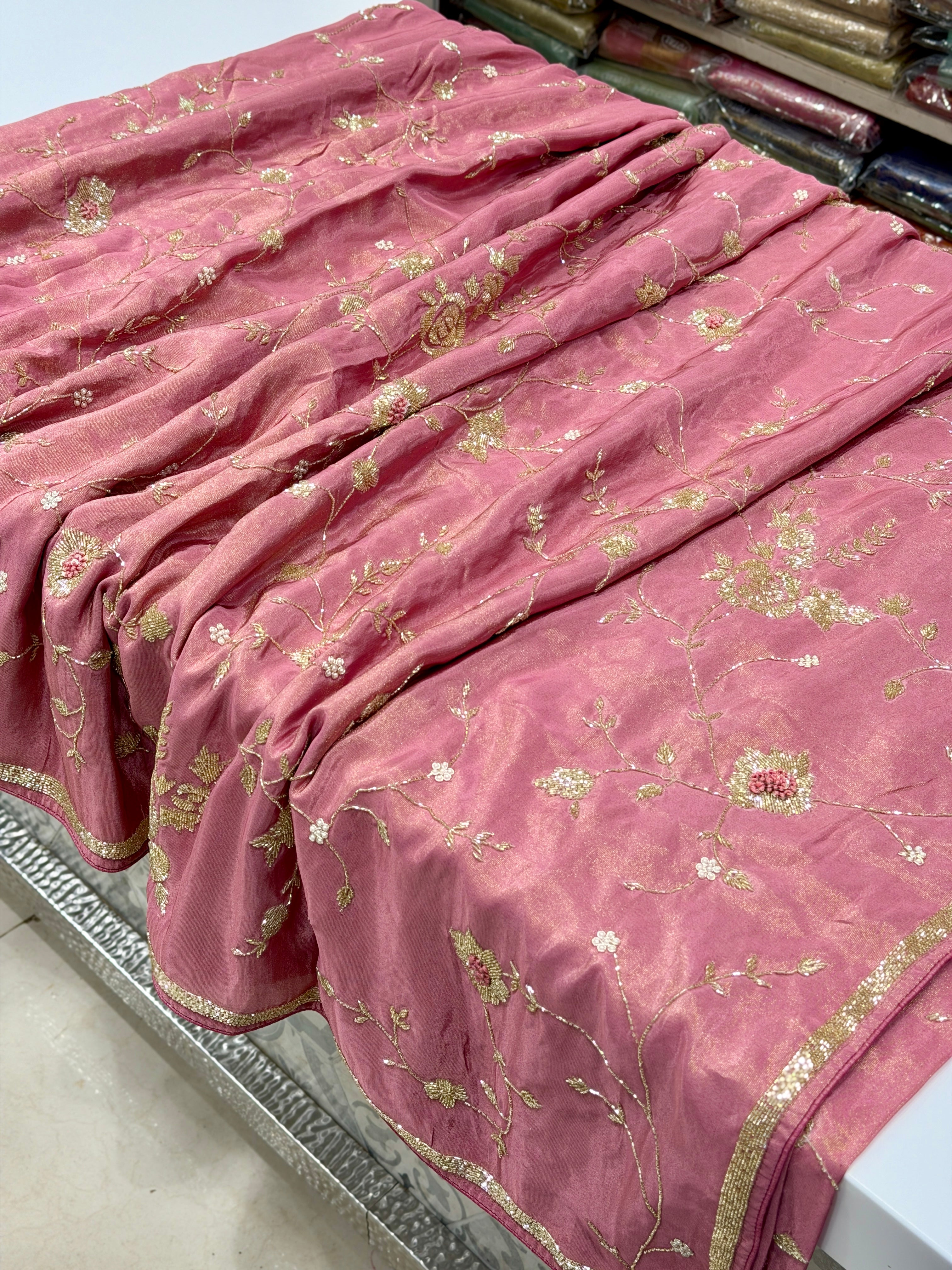Pink Crepe Tissue Cutdana Knot Hand Embroidery Jaal Saree