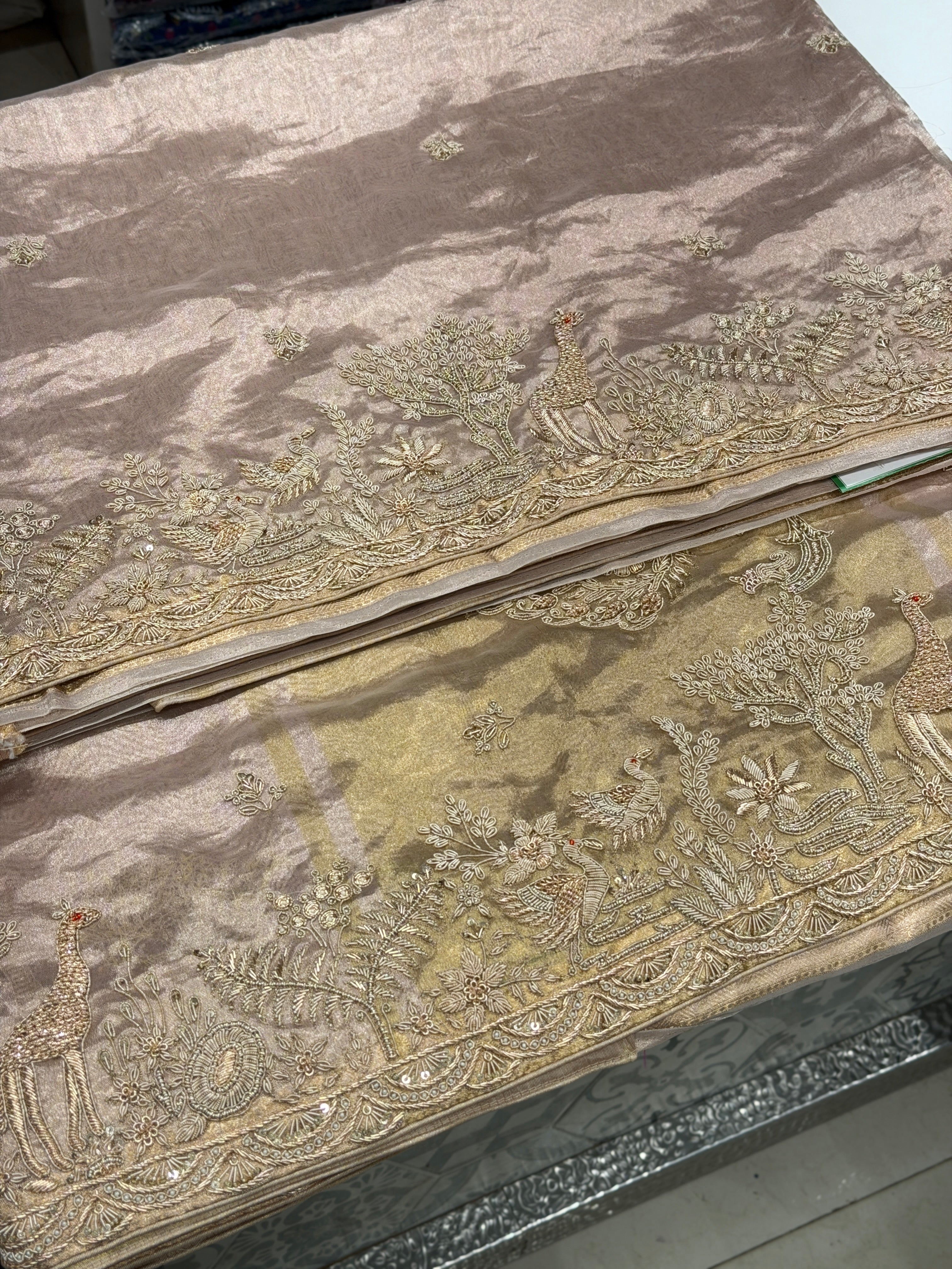 Rose Gold Tissue Parsi Style Zardosi Hand Embroidery Saree