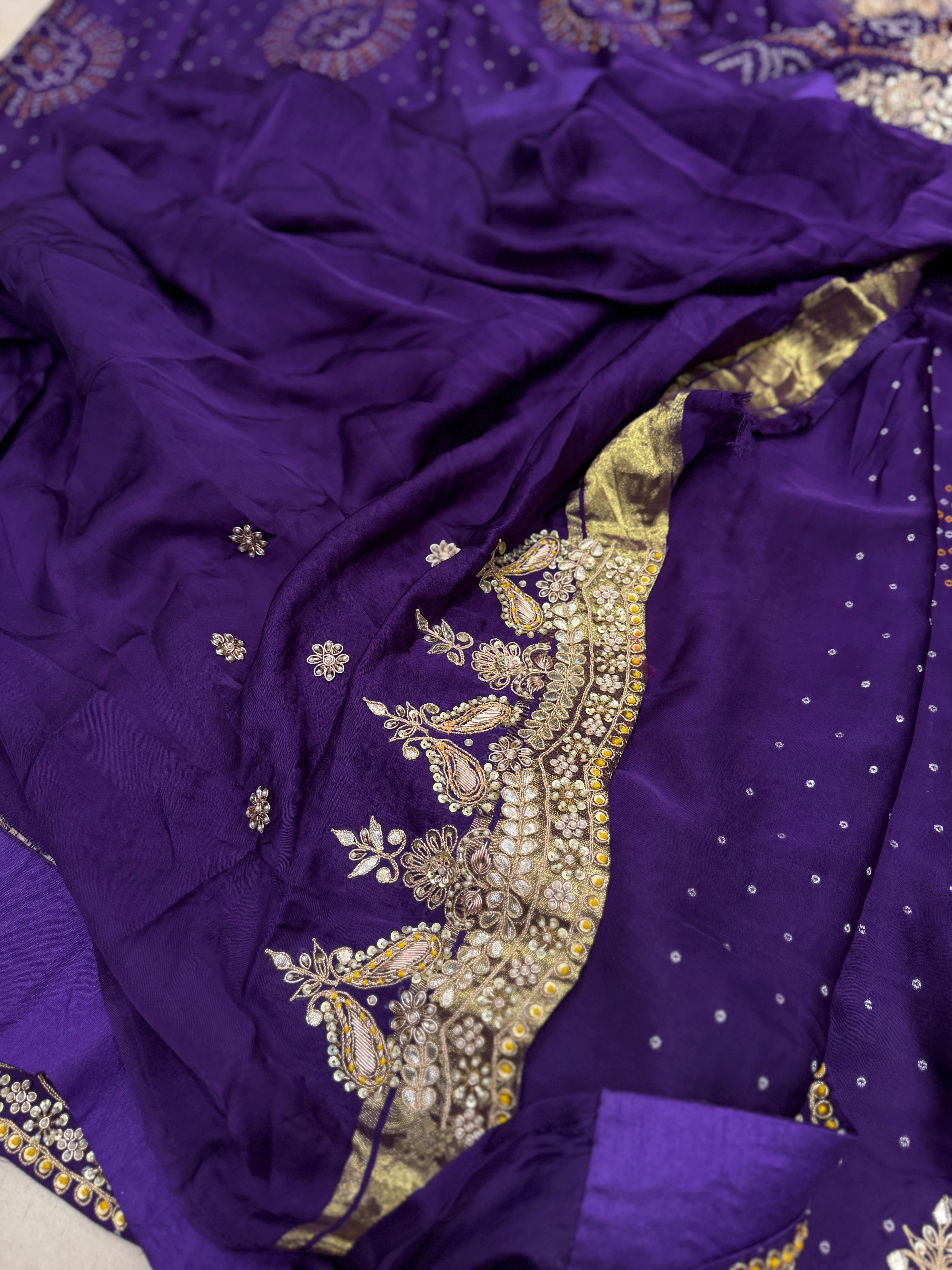 Violet Gajji Silk Woven Bandhej Zardosi Marodi Hand Embroidery Saree