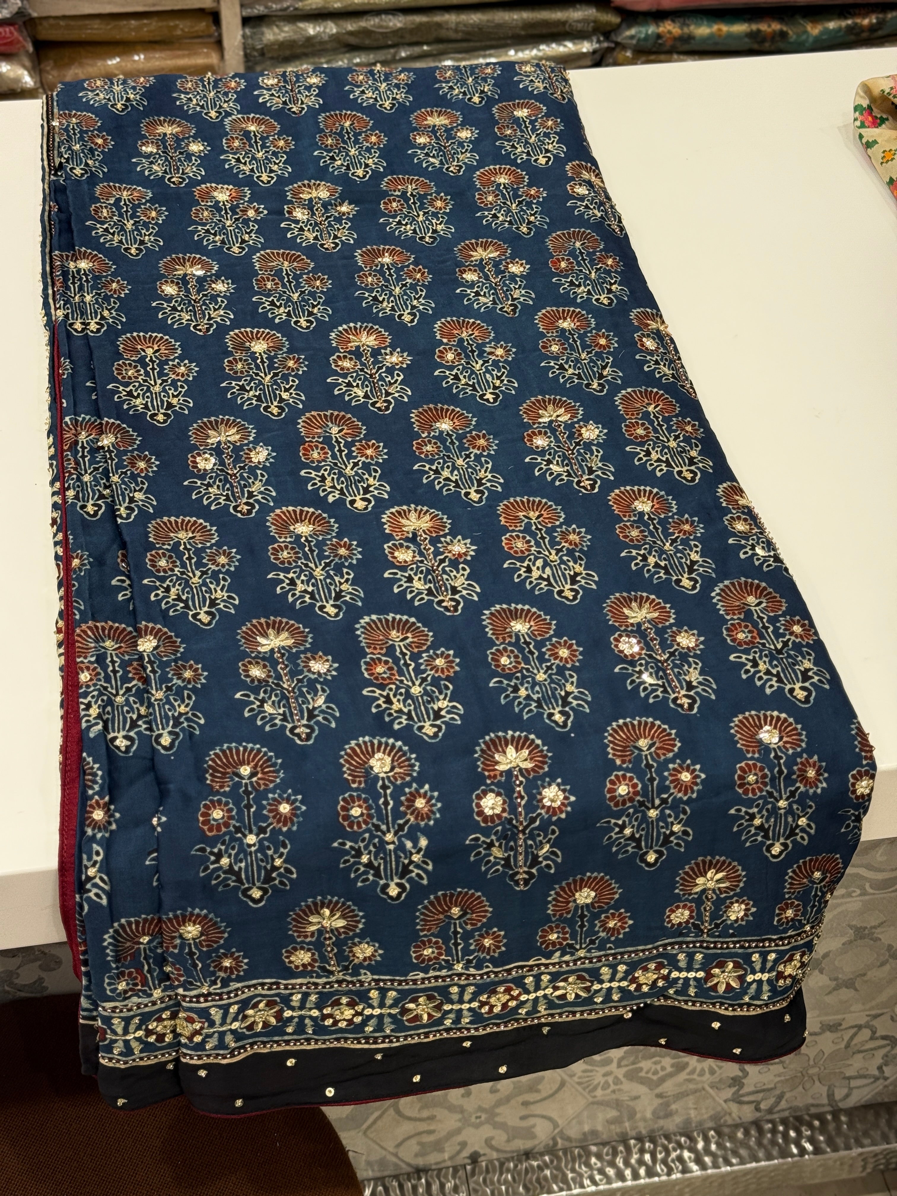 Blue Ajrakh Buttas Sequins Hand Embroidery Saree