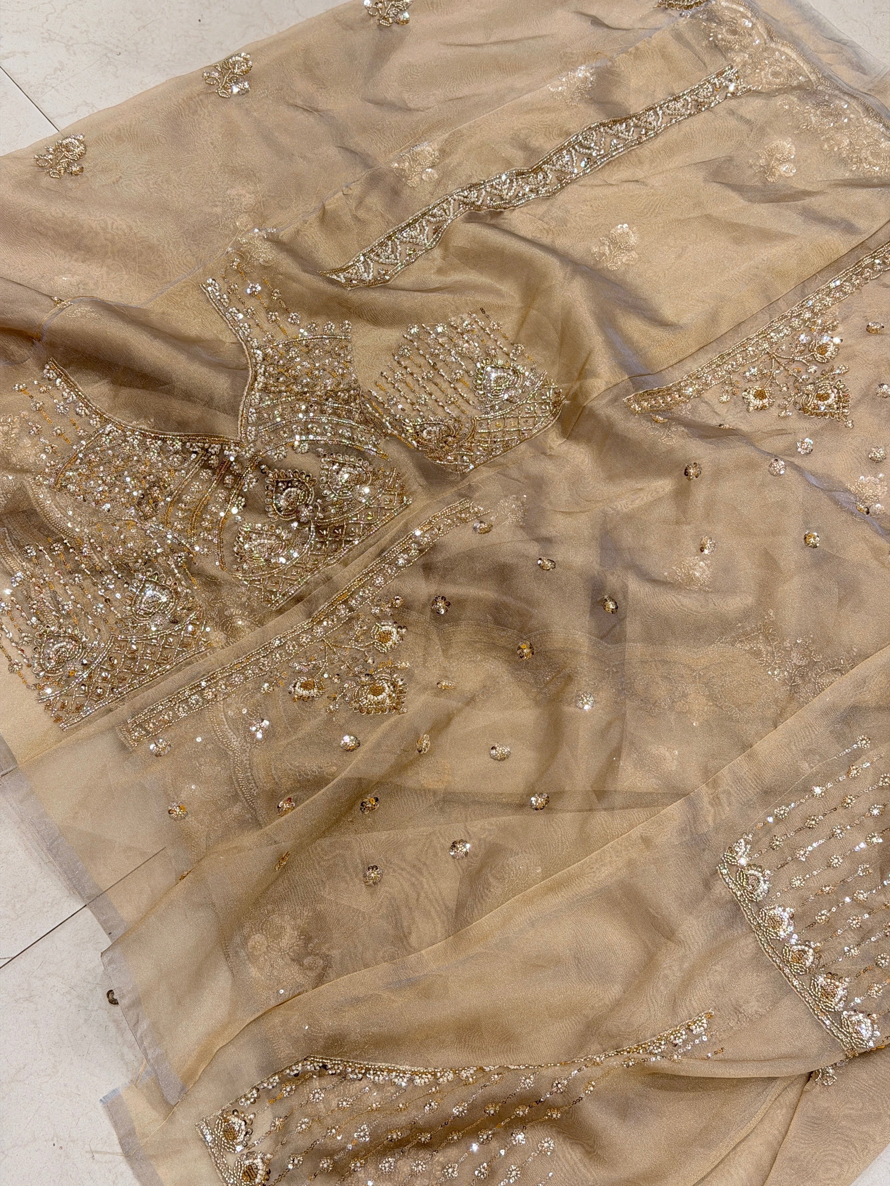Gold Tissue Organza Moti Sequin Embroidery Heavy Blouse Saree