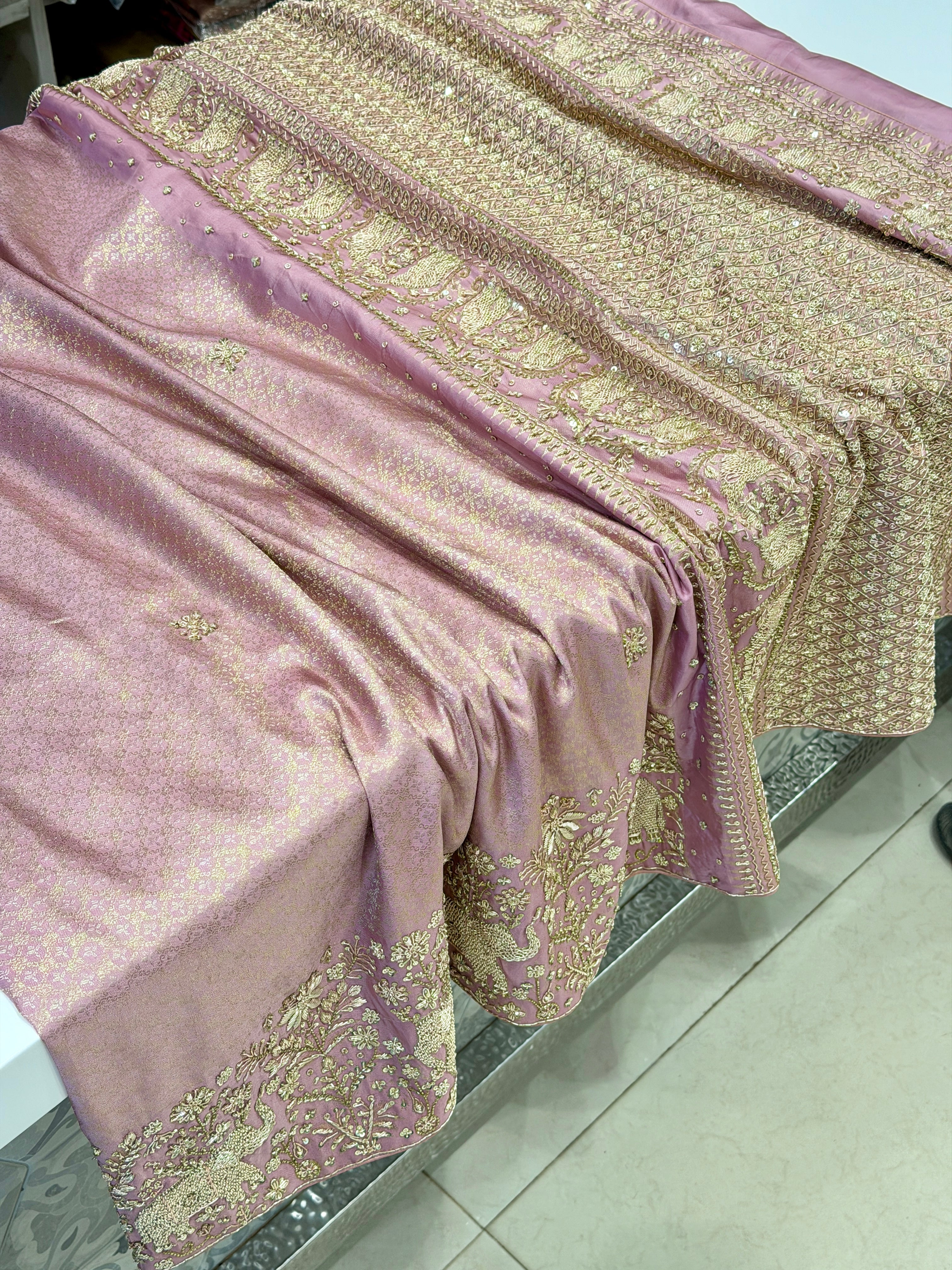 Light Pink Kanjivaram Elephant Motif Zardosi Hand Embroidery Saree