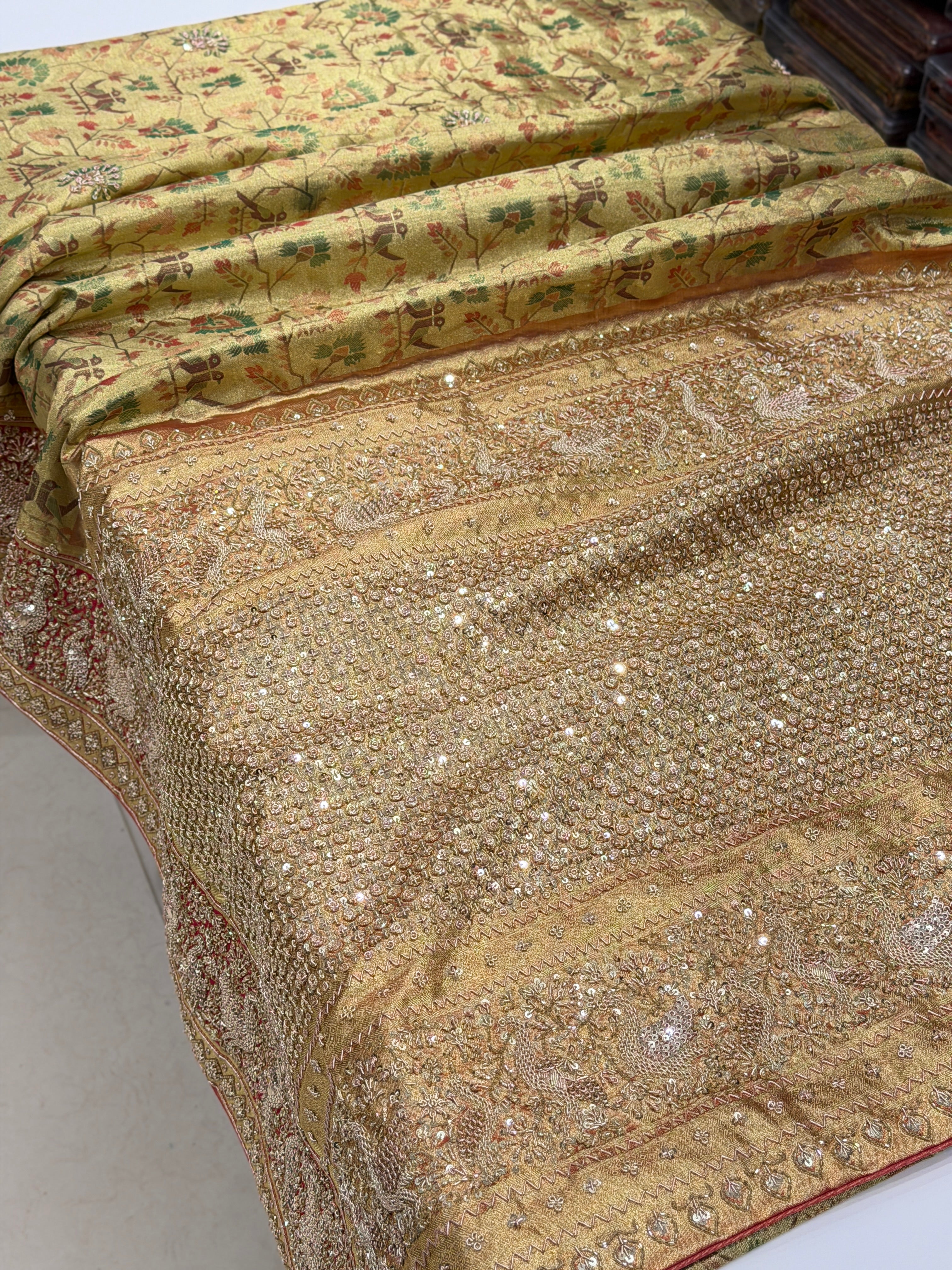 Pista Green Tissue Kanjivaram Paithani Style Zardosi Hand Embroidery Saree