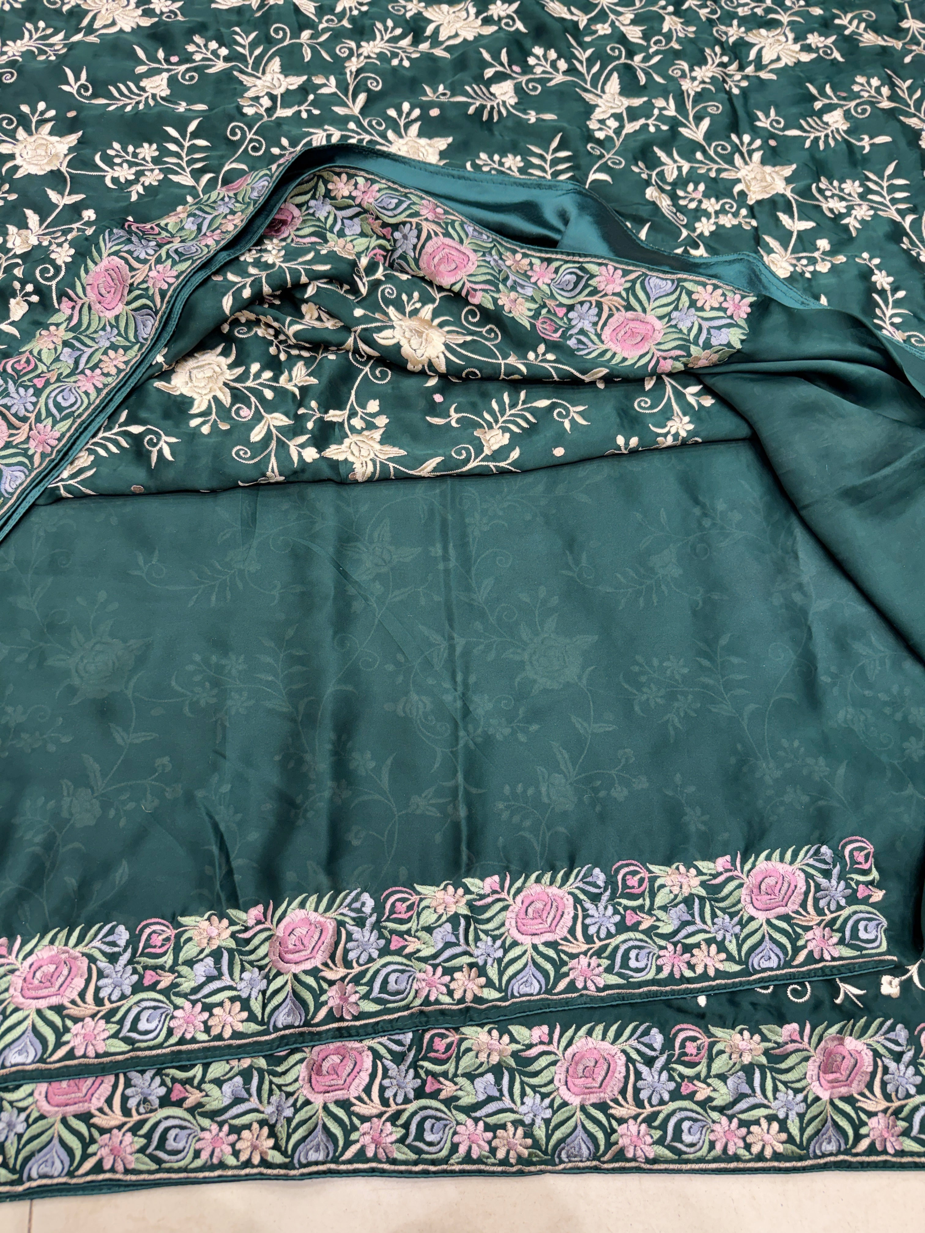 Bottle Green Crepe Floral Multi Resham Border Parsi Gara Saree