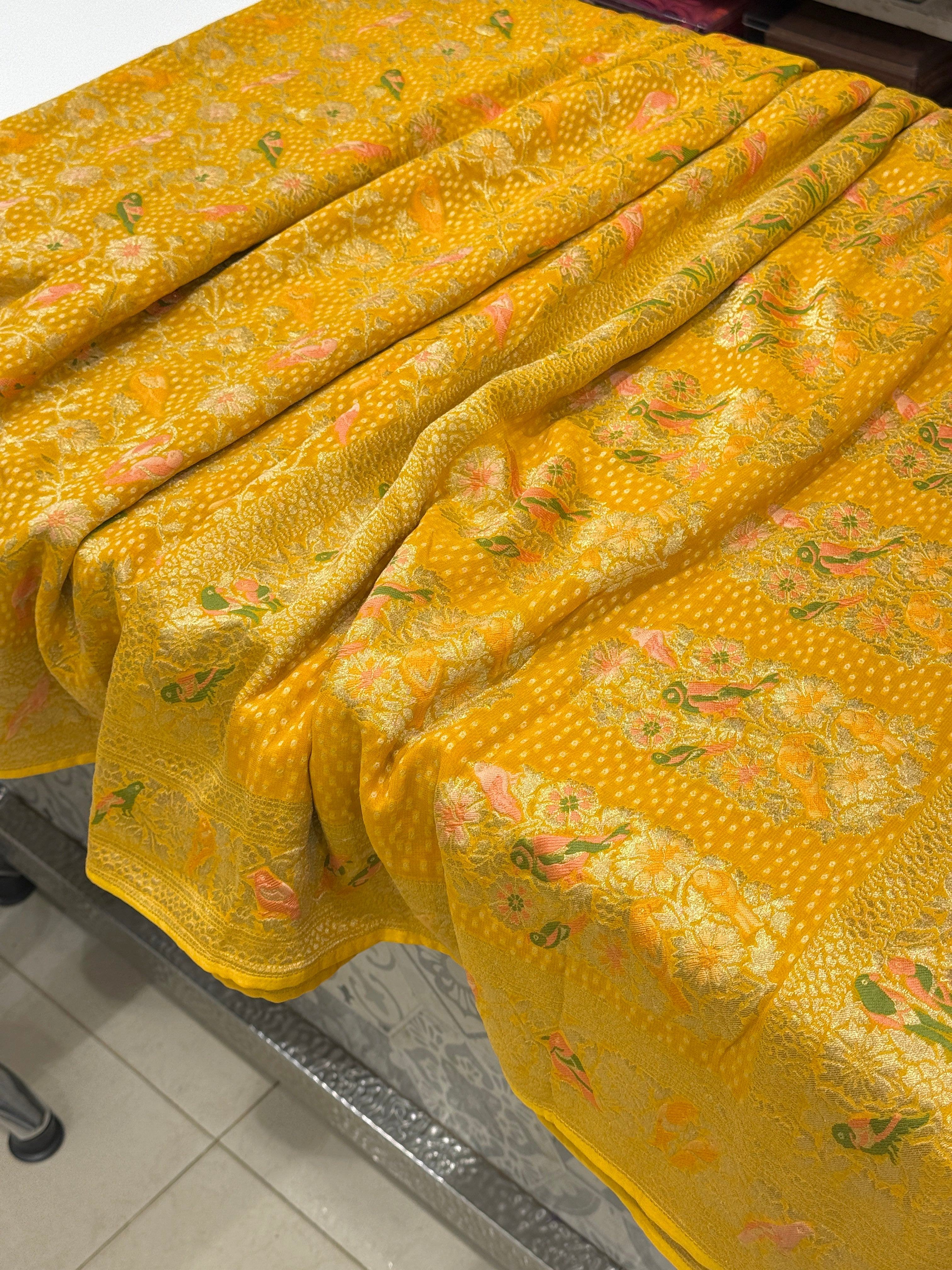 Yellow Woven Bandhej Meenakari Parrot Motif Saree