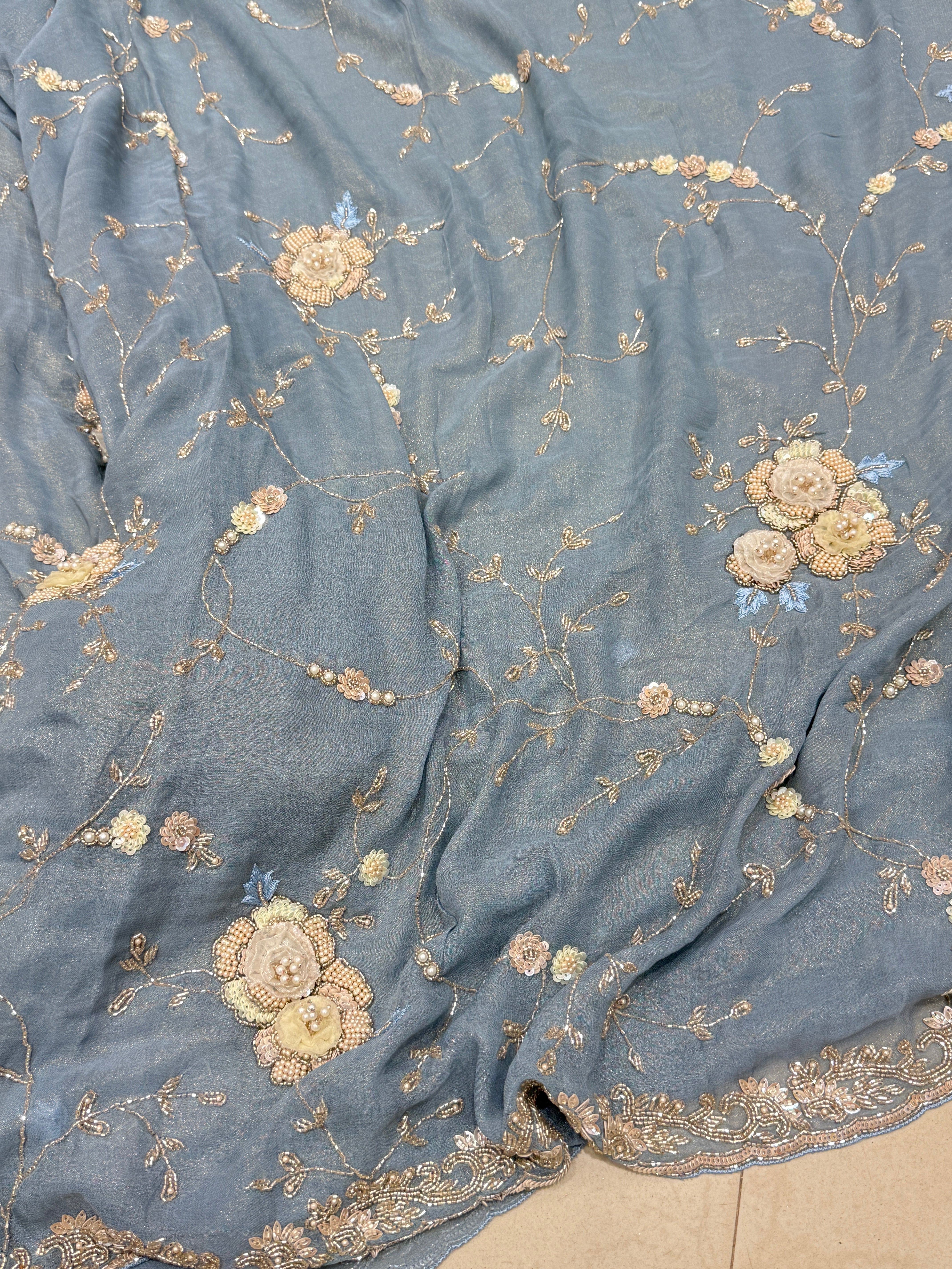 Powder Blue Tissue Chiffon Hand Embroidery Saree