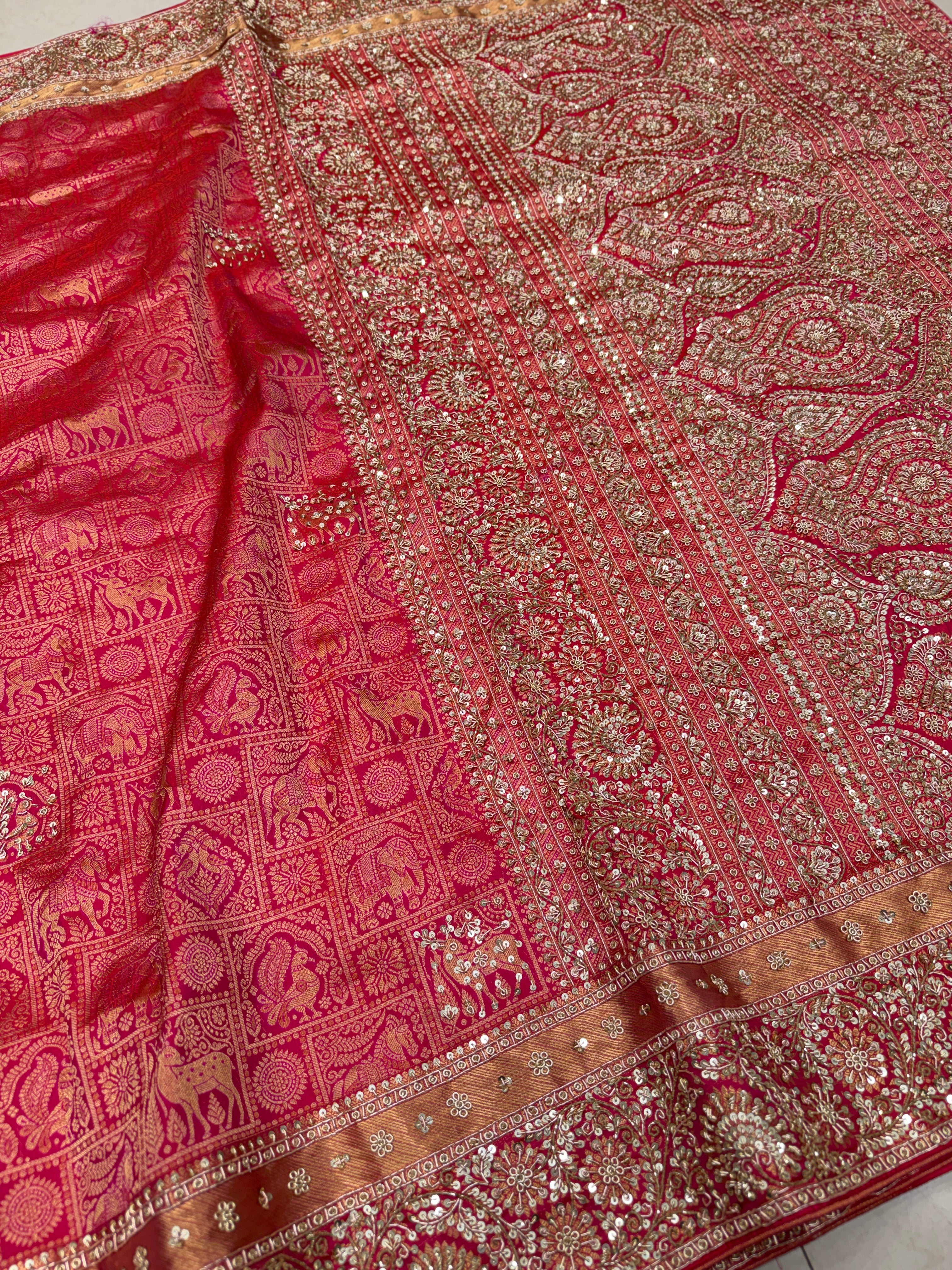 Rani Pink Shikara Kanjivaram Hand Embroidery Zardosi Saree