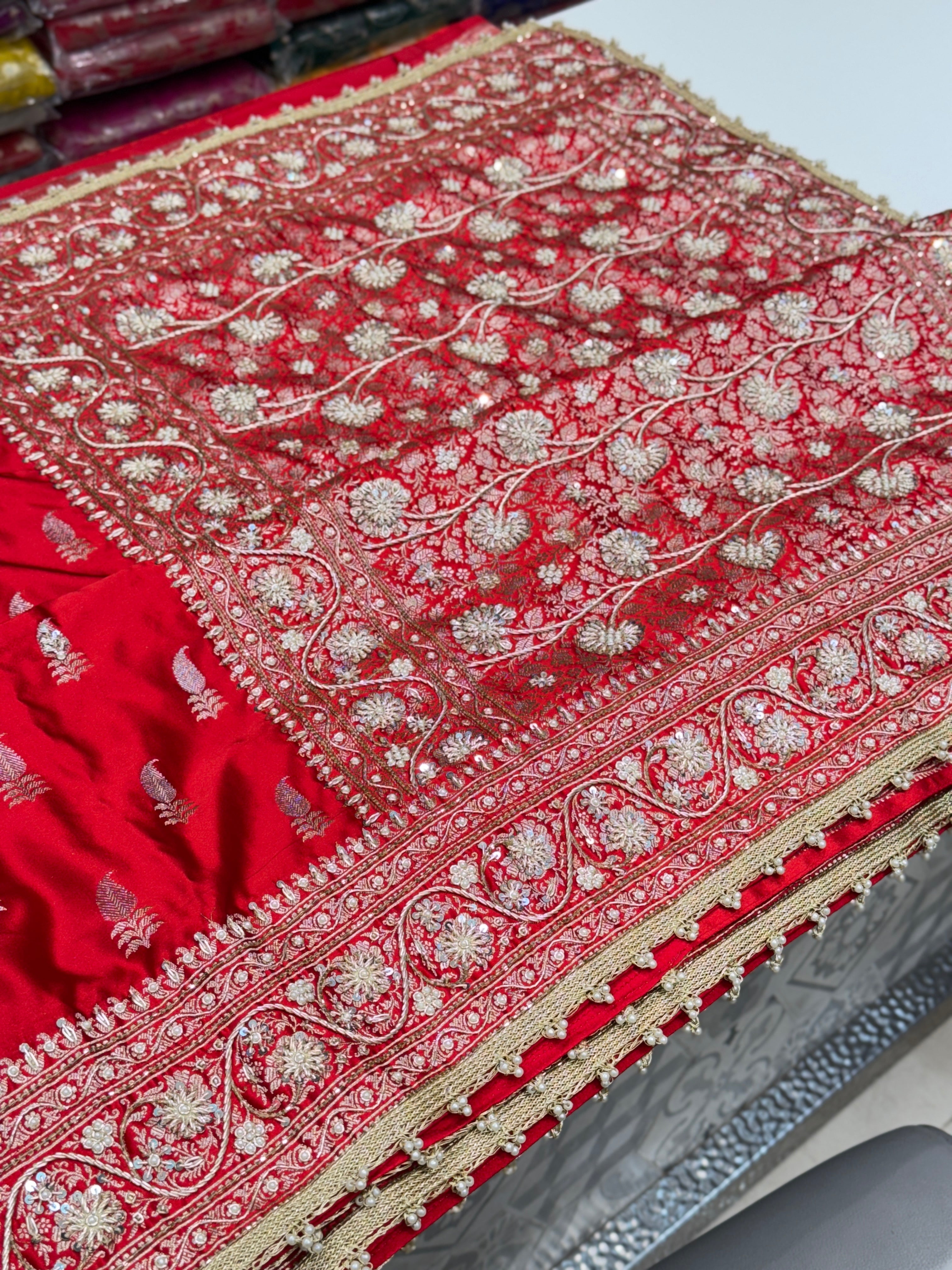 Red Banarasi Japanese Butti Zardosi Hand Embroidery Saree