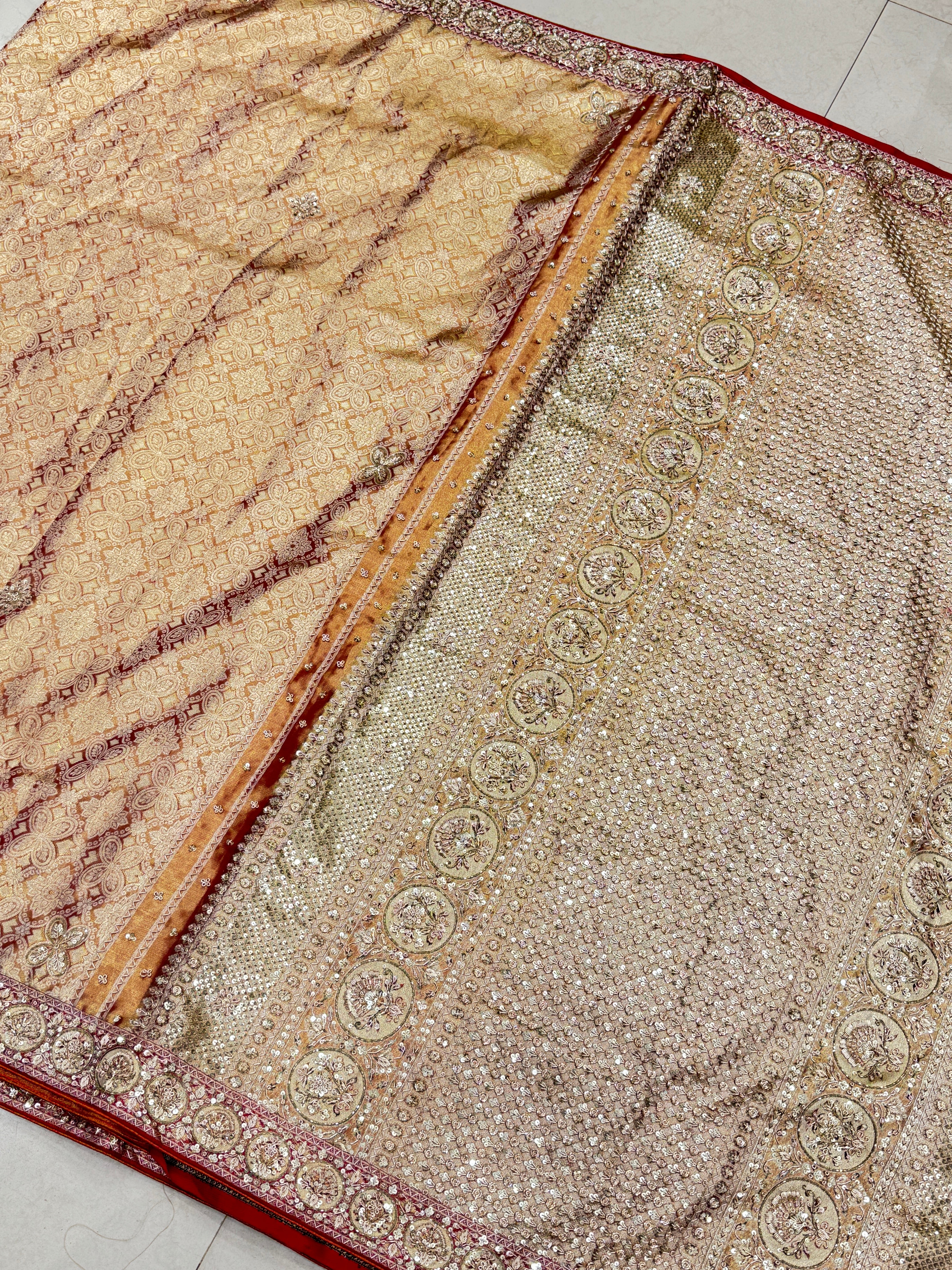 Golden Red Dhup Chav Kanjivaram Small Border Hand Embroidery Zardosi Saree