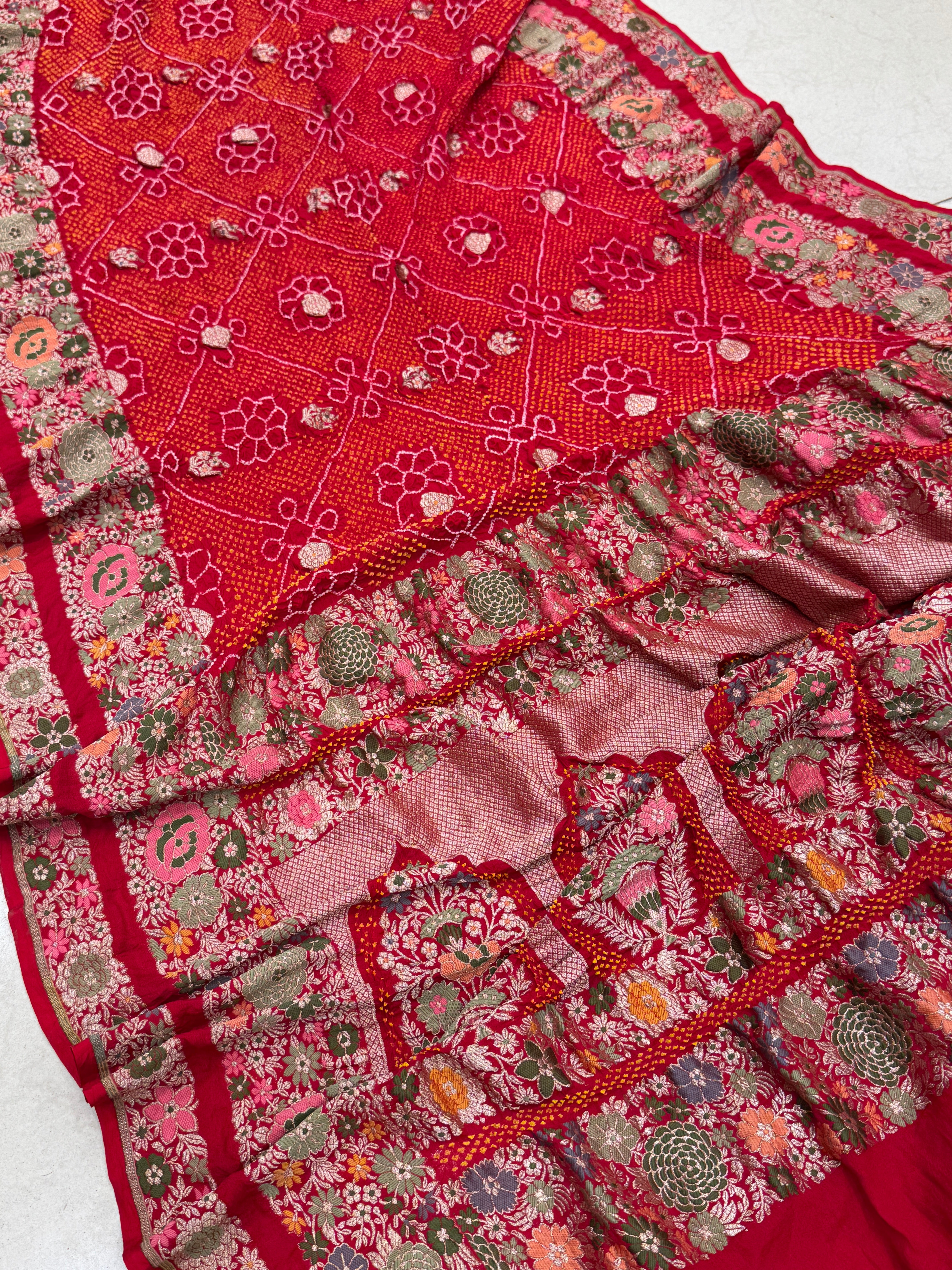 Red Meenakari Handloom Bandhej Bandhini Saree