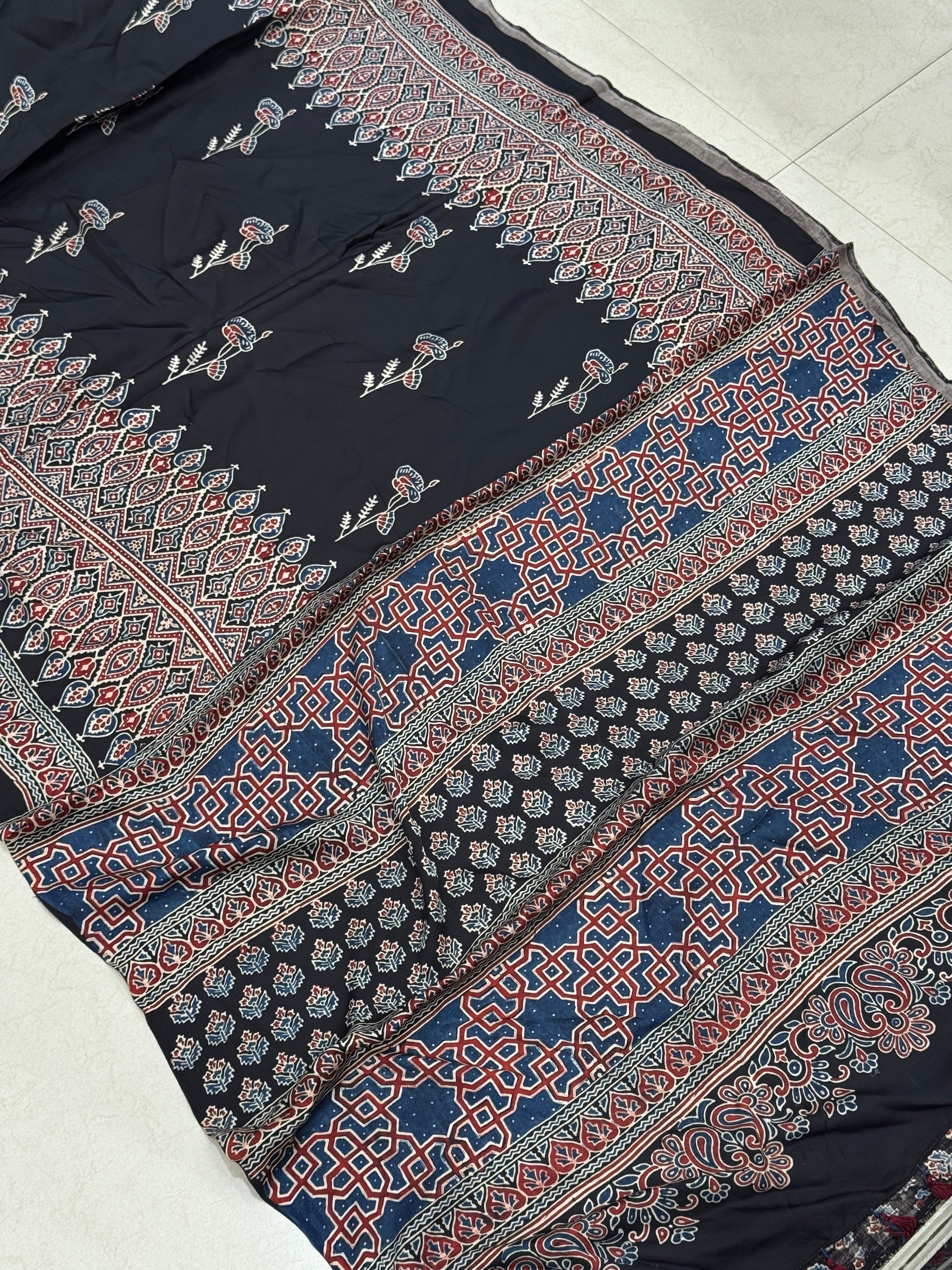 Black Contemporary Ajrakh Hand Block Print Pure Gajji Silk Saree