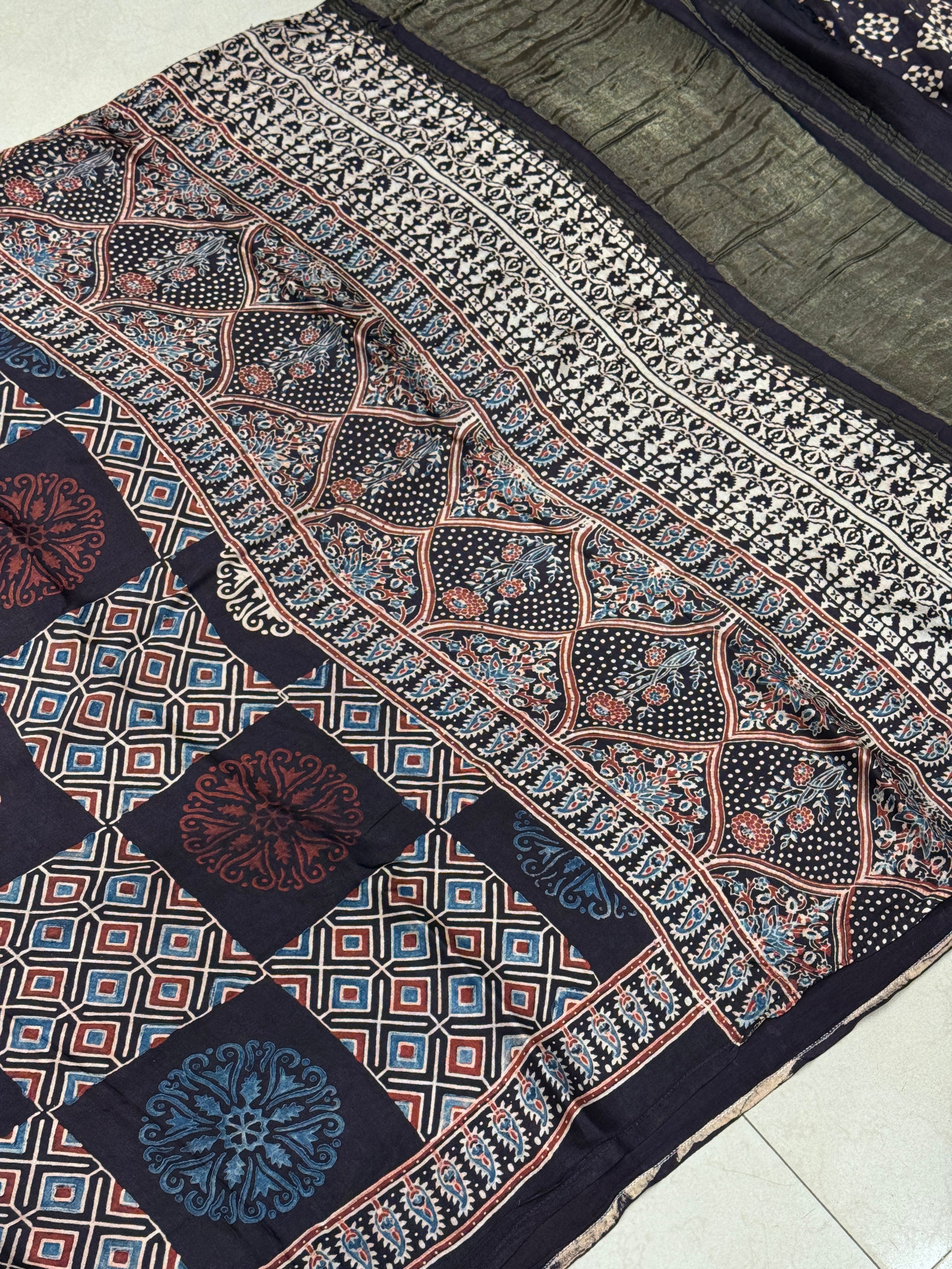 Multi Traditional Check Ajrakh Modal Gajji Silk Saree