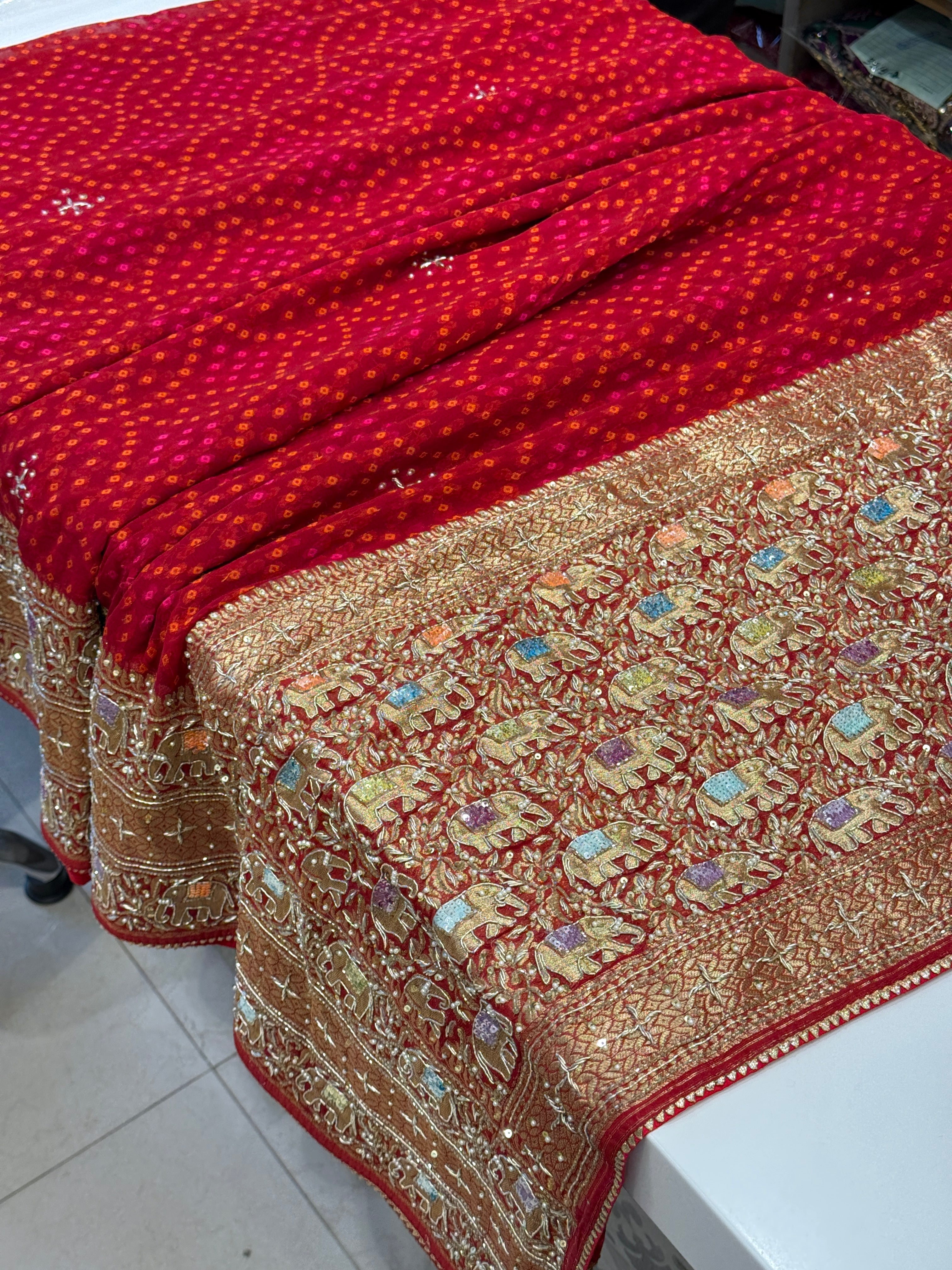 Red Bandhej Georgette Elephant Theme Hand Embroidery Saree