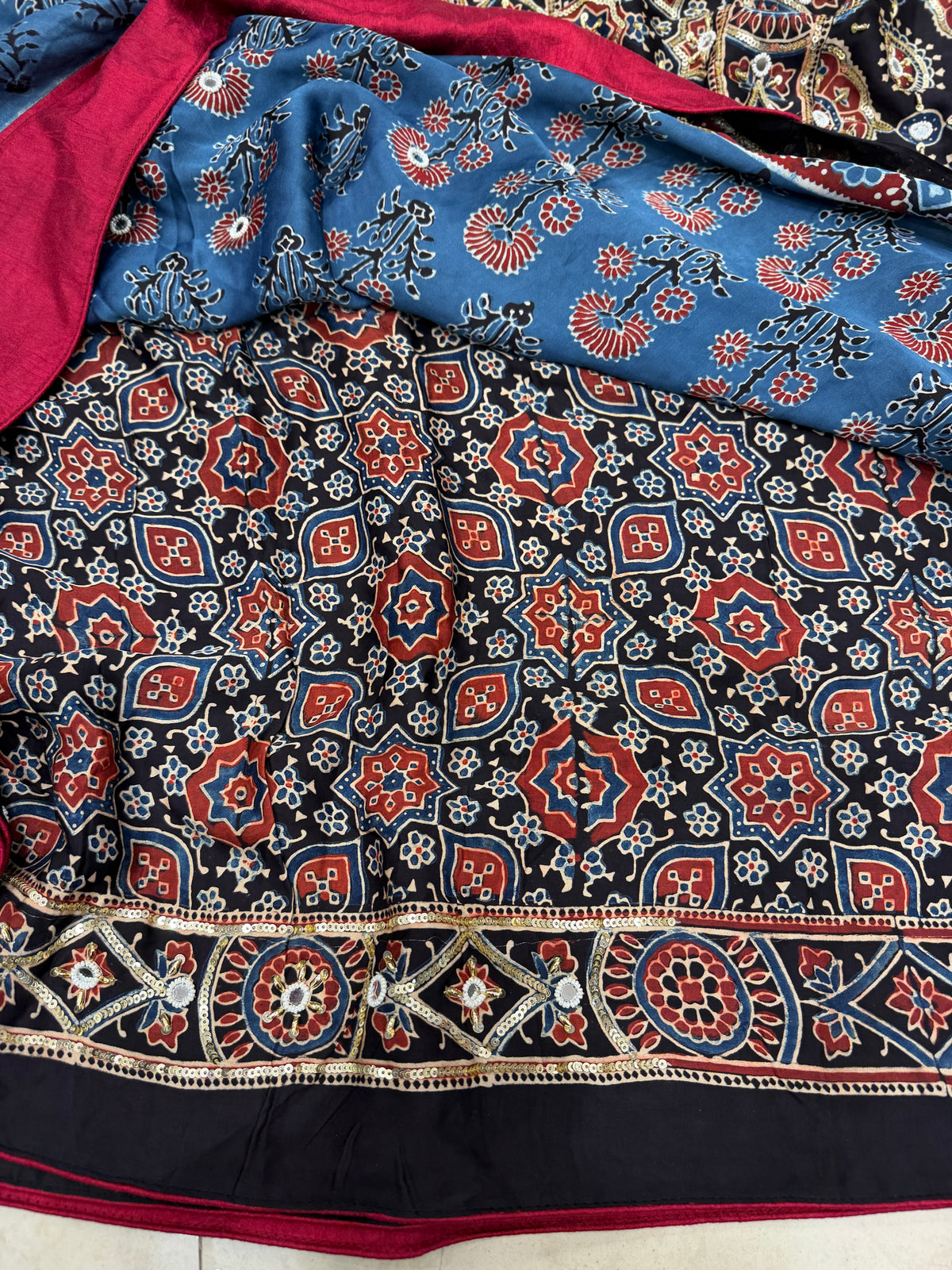 Blue Black Butta Ajrakh Real Mirror Moti Sequin Hand Embroidery Saree