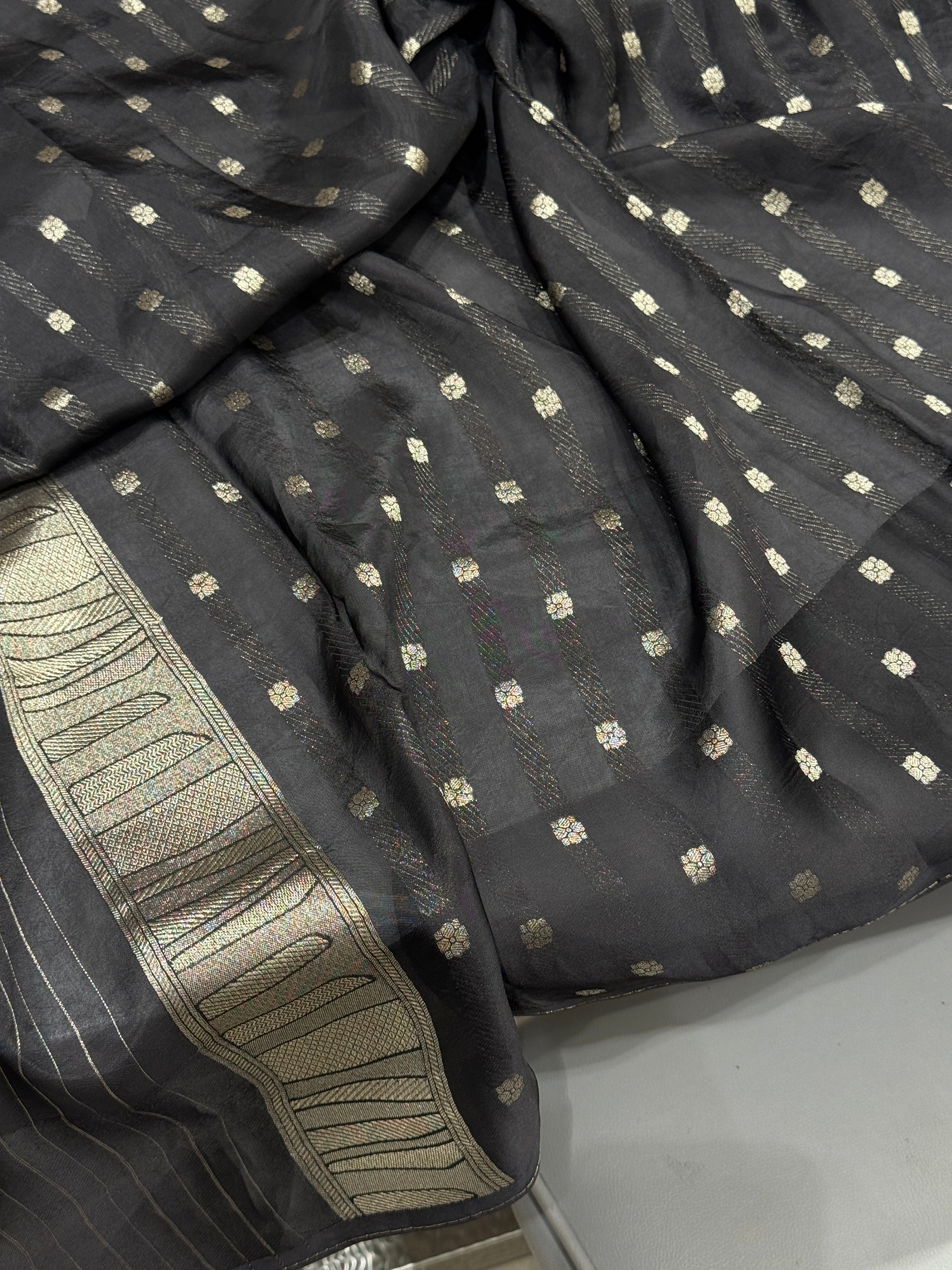Black Contemporary Banarasi Munga Silk Mountain Lion Pallu Saree