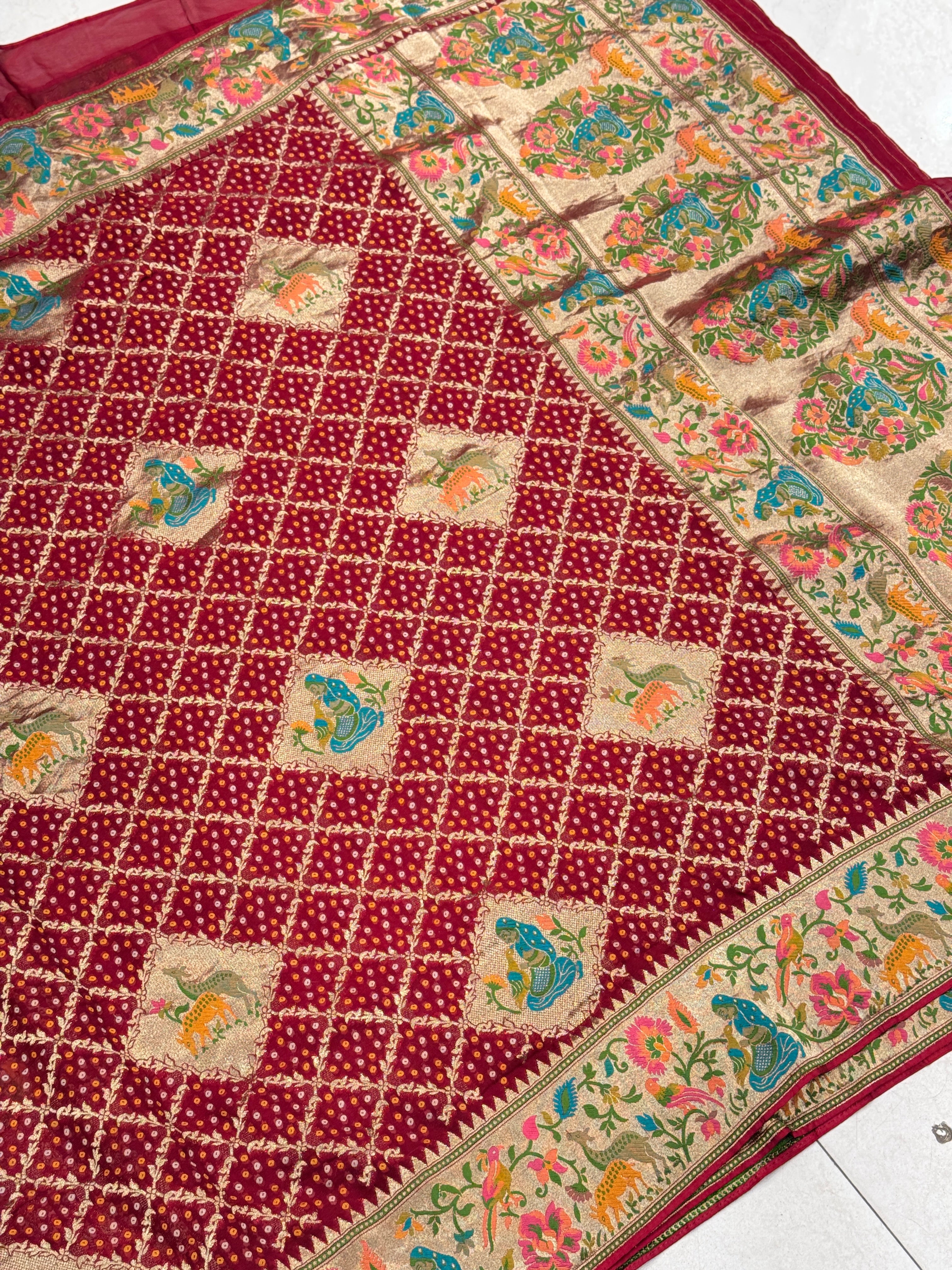 Red Woven Bandhej Banarasi Meenakari Saree