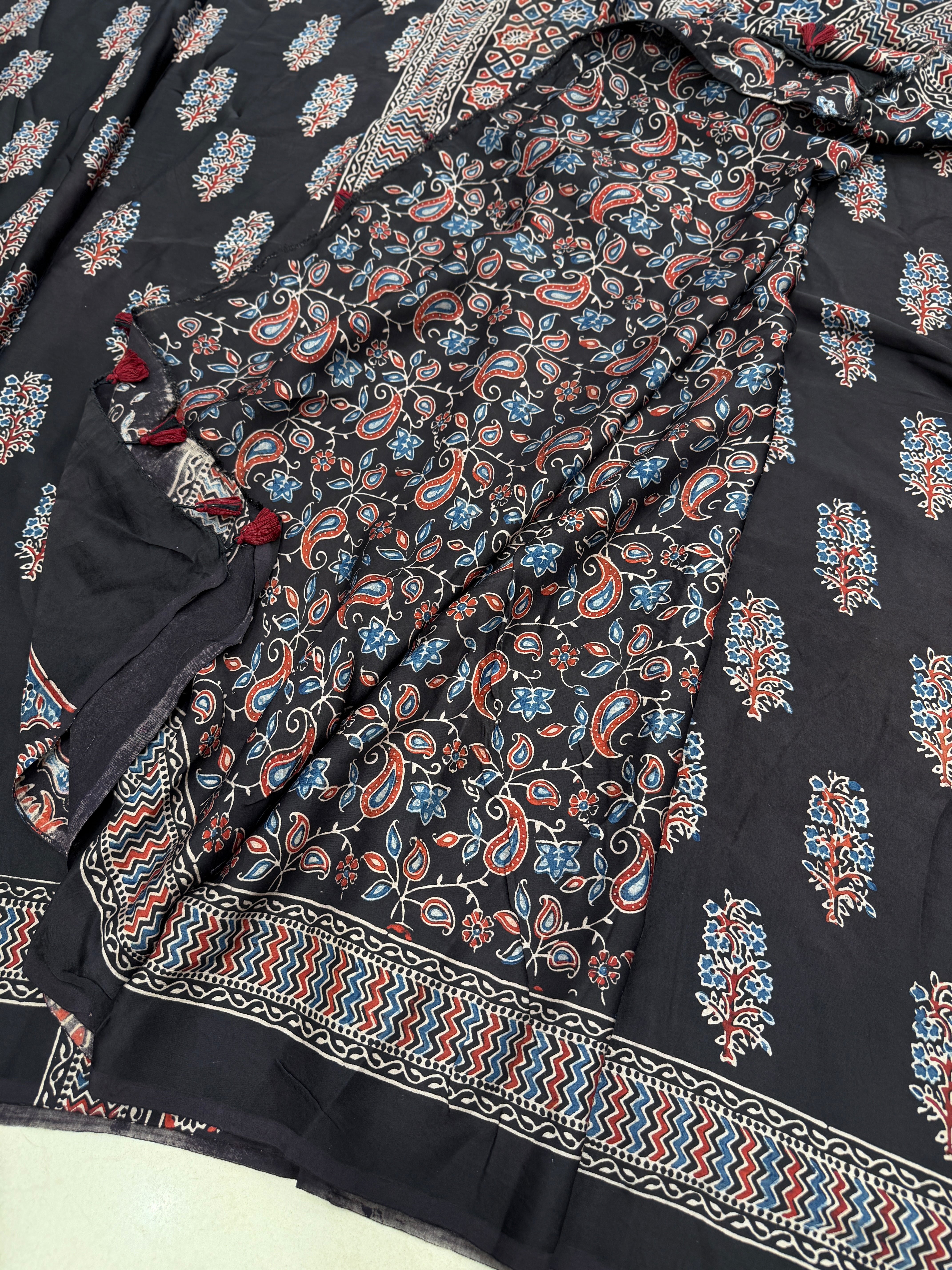 Black Tree Butta Ajrakh Hand Block Print Pure Gajji Silk Saree