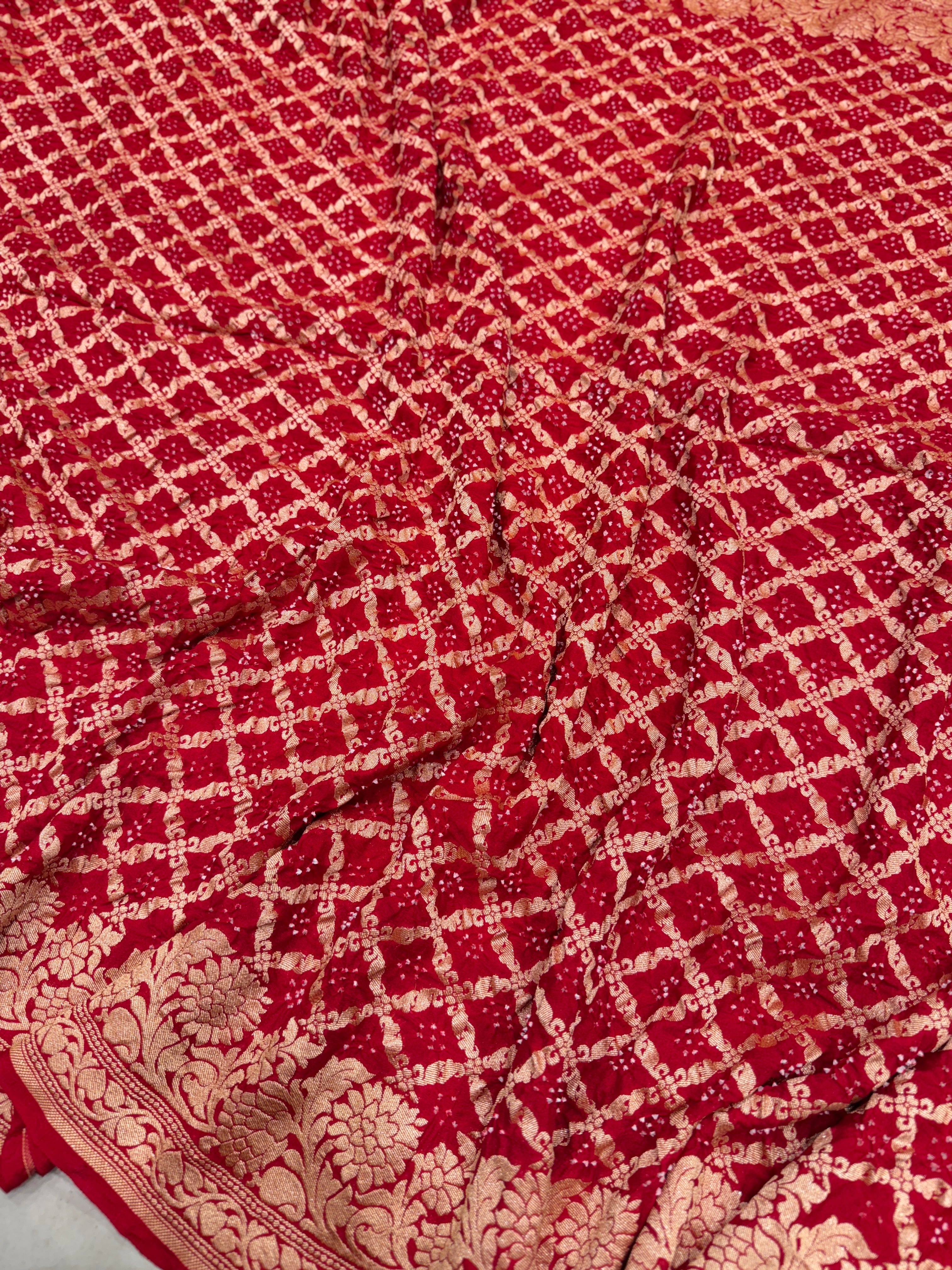 Red Double Floral Border Georgette Handloom Bandhej Bandhini Saree