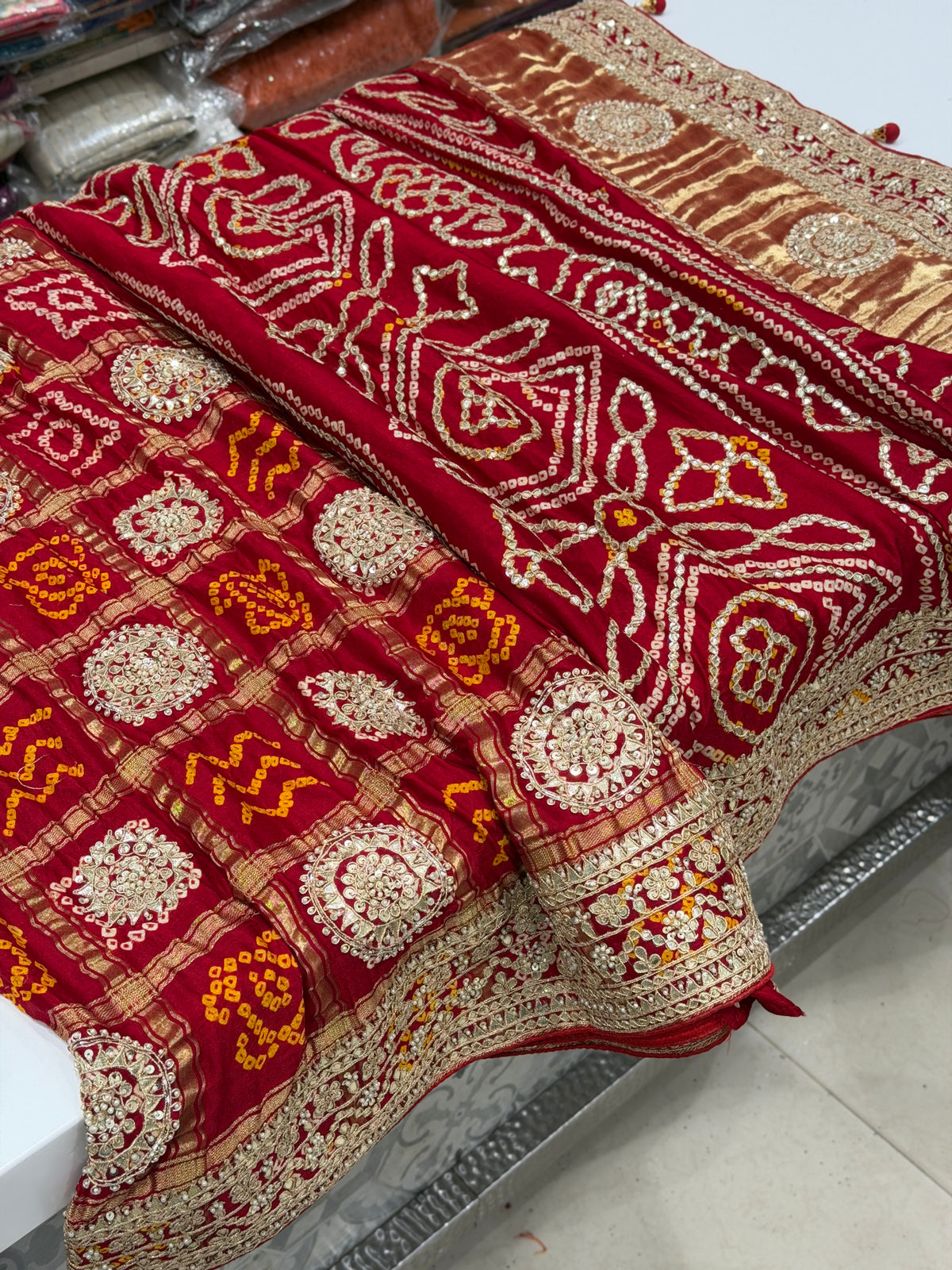 Red Gajji Faabiiana Inspired Marodi Gotapatti Hand Embroidery Saree