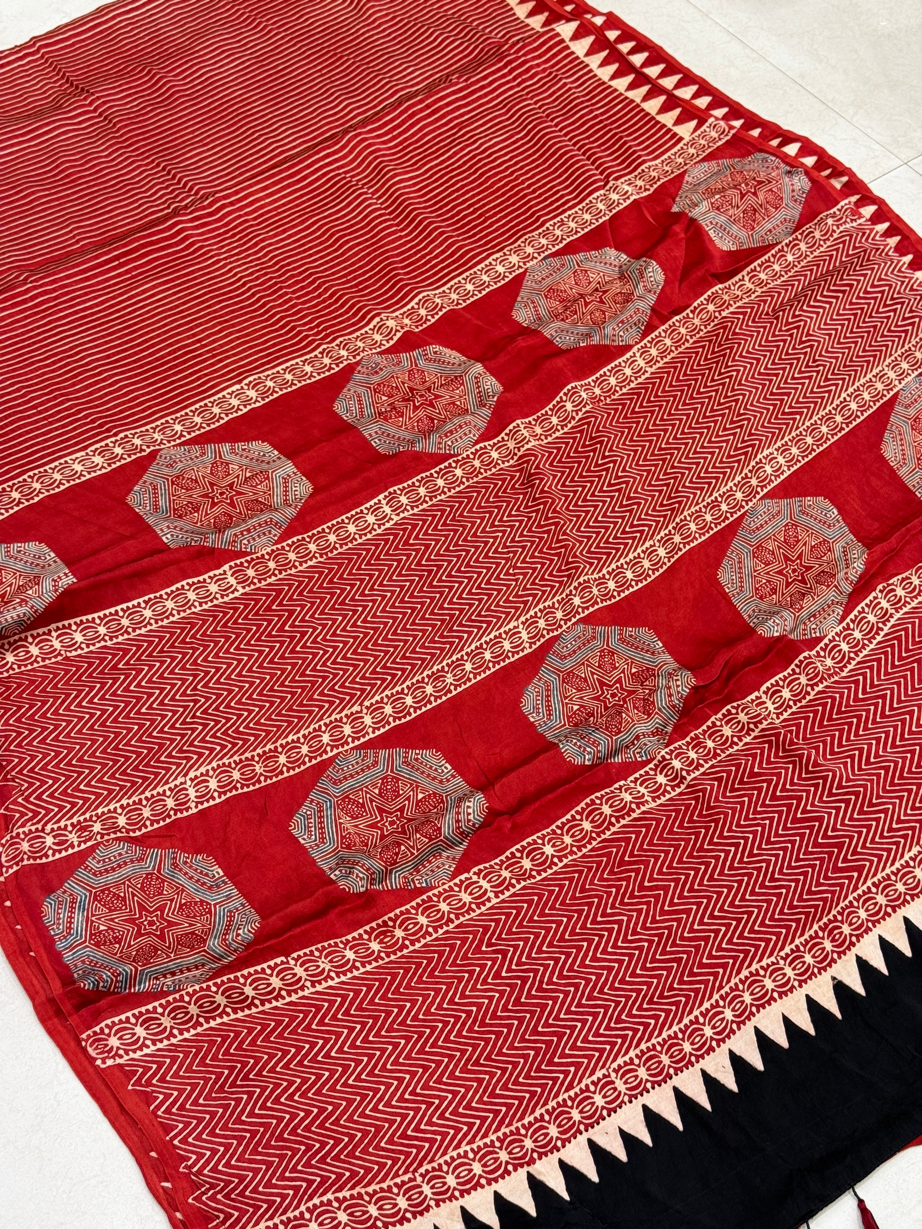 Red Hexa Butta Pallu Ajrakh Hand Block Print Pure Gajji Silk Saree