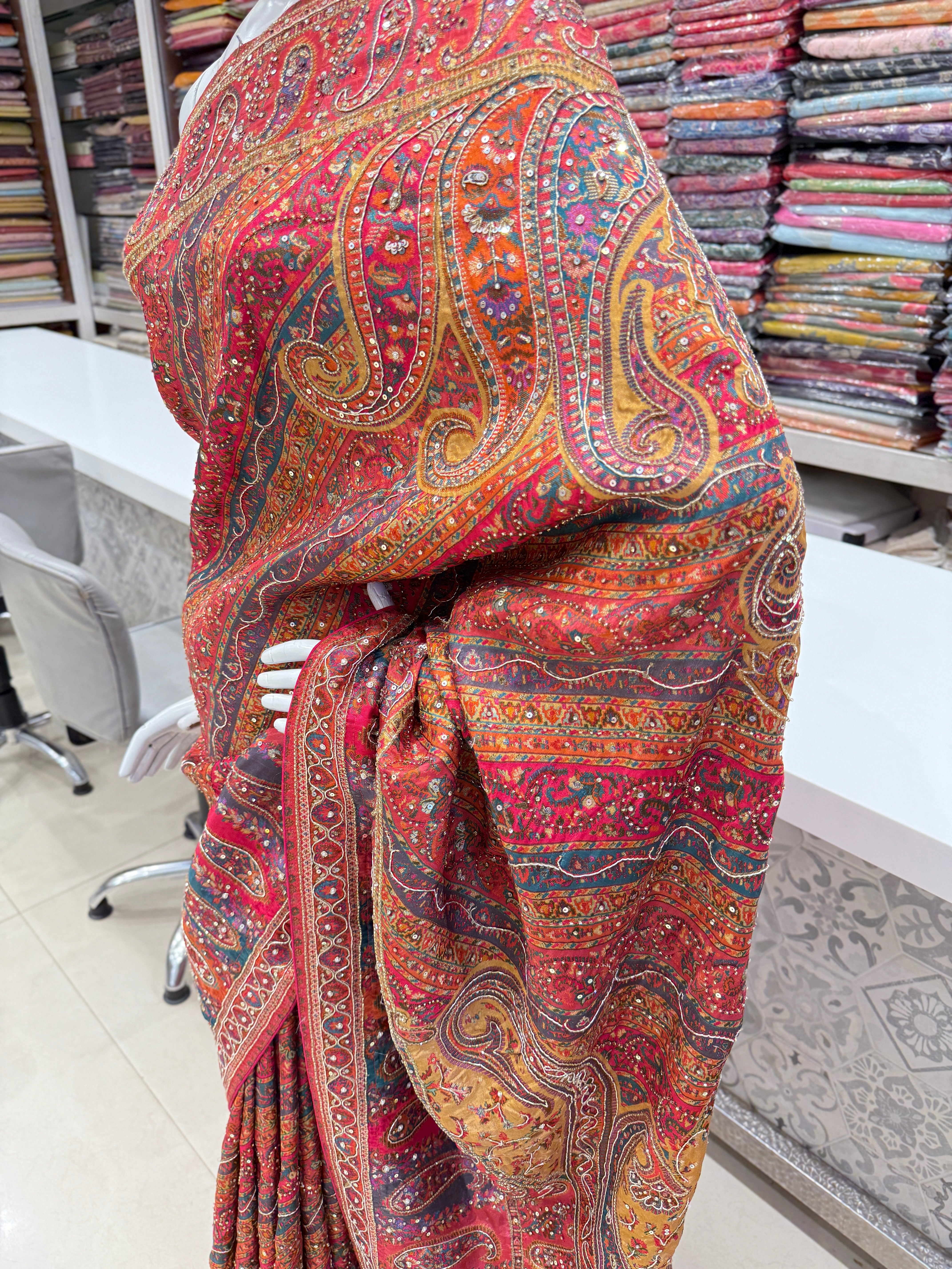 Banarasi Munga Hand Embroidery Saree Pashmina Style