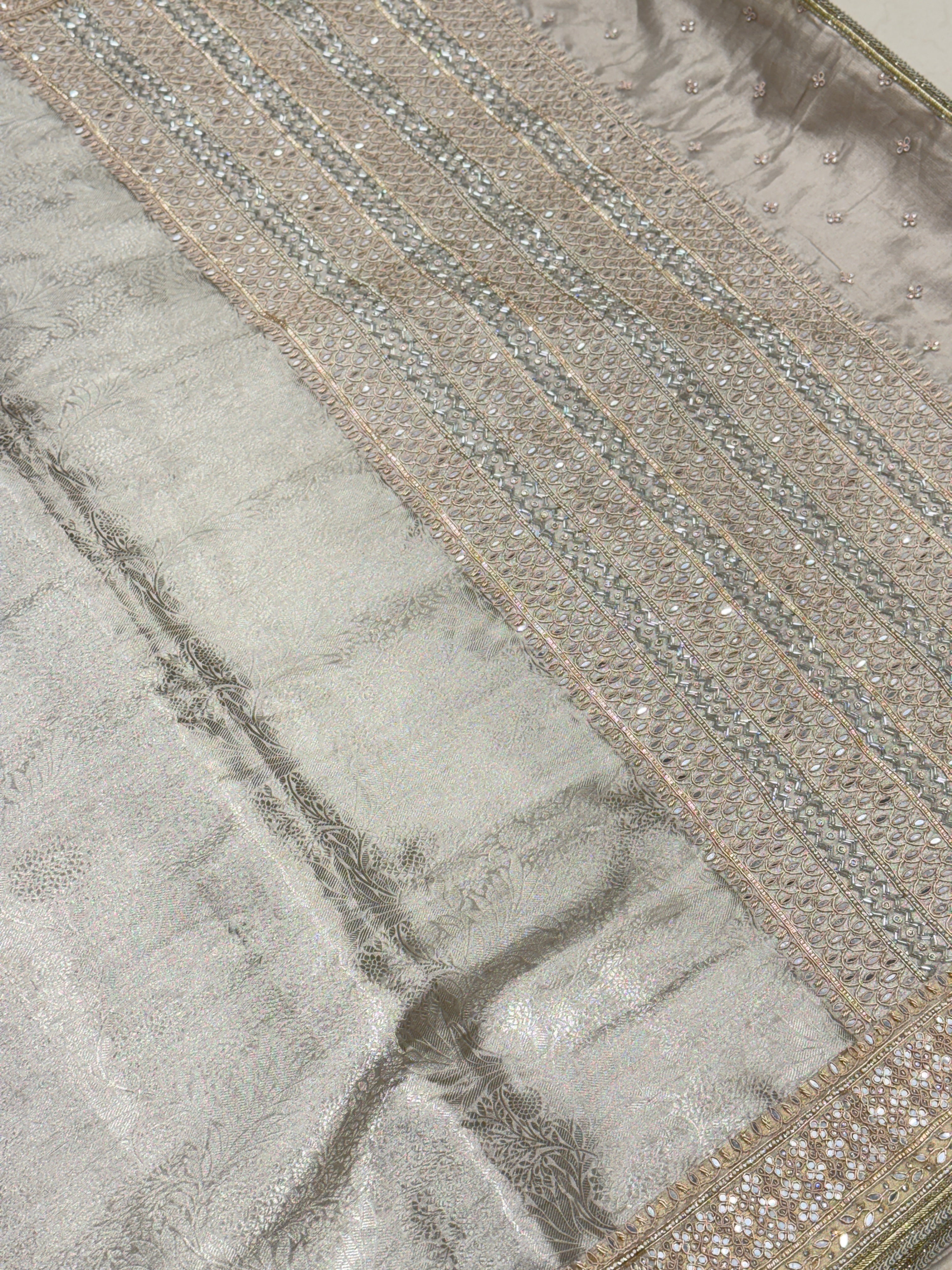 Silver Tissue Kanjivaram Hand Embroidery Saree