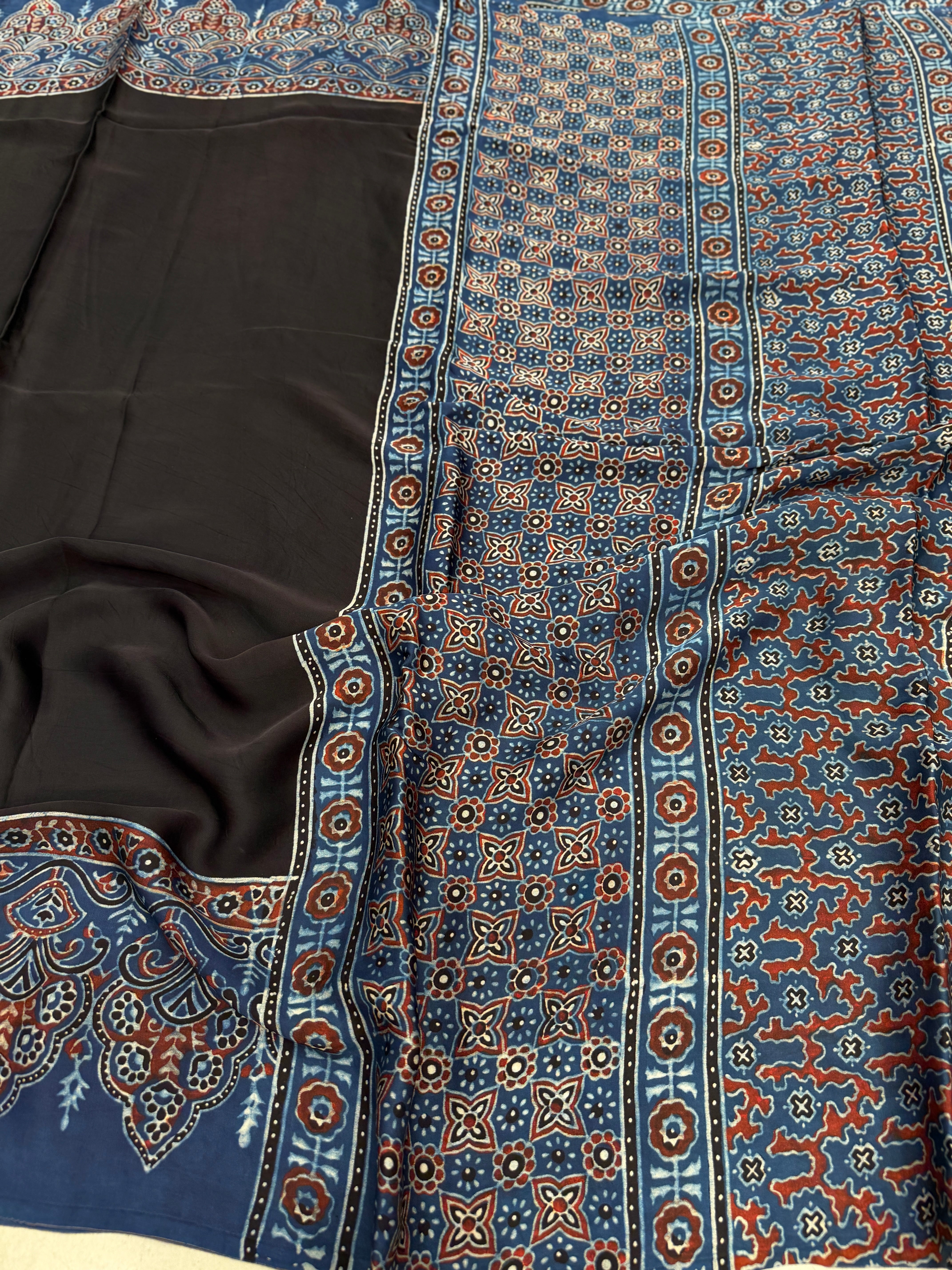 Black Plain Blue Border Ajrakh Hand Block Print Pure Modal Silk Saree