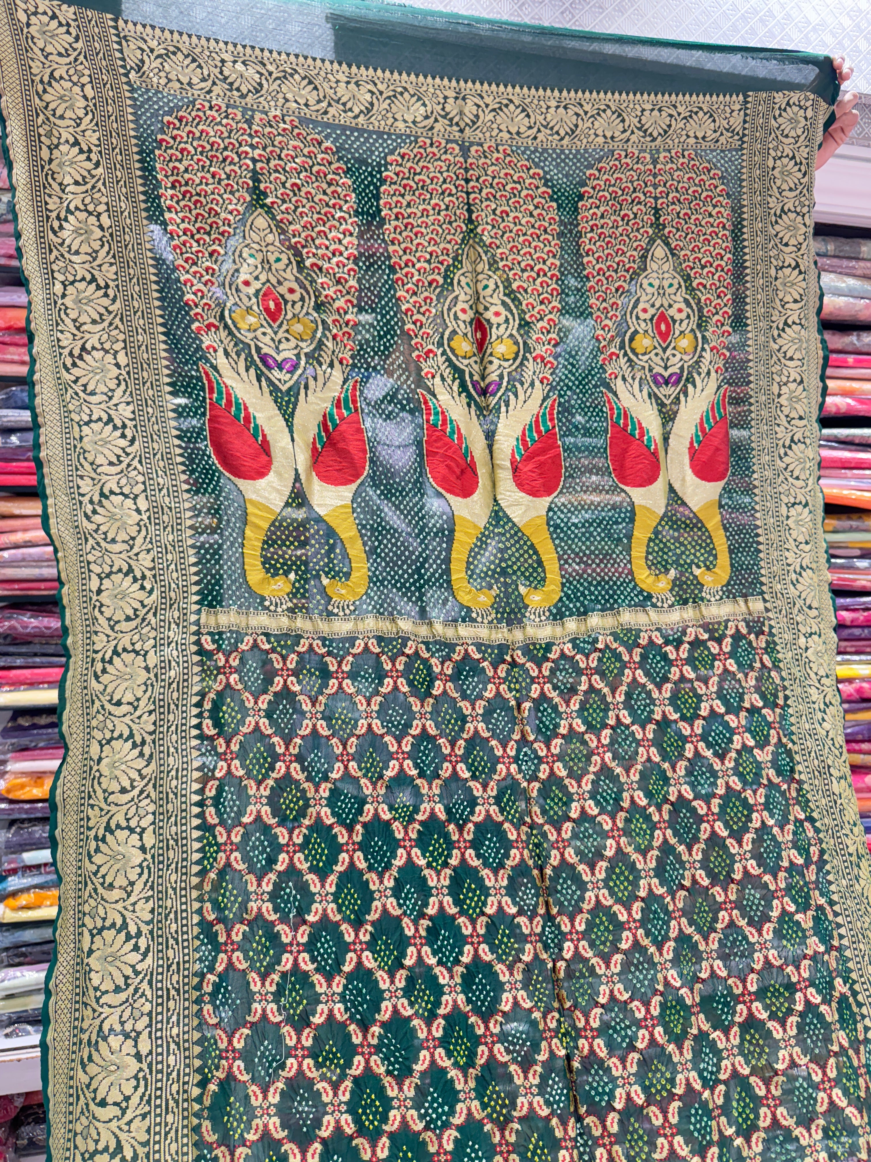 Bottle Green Bandhej Meenakari Dupatta