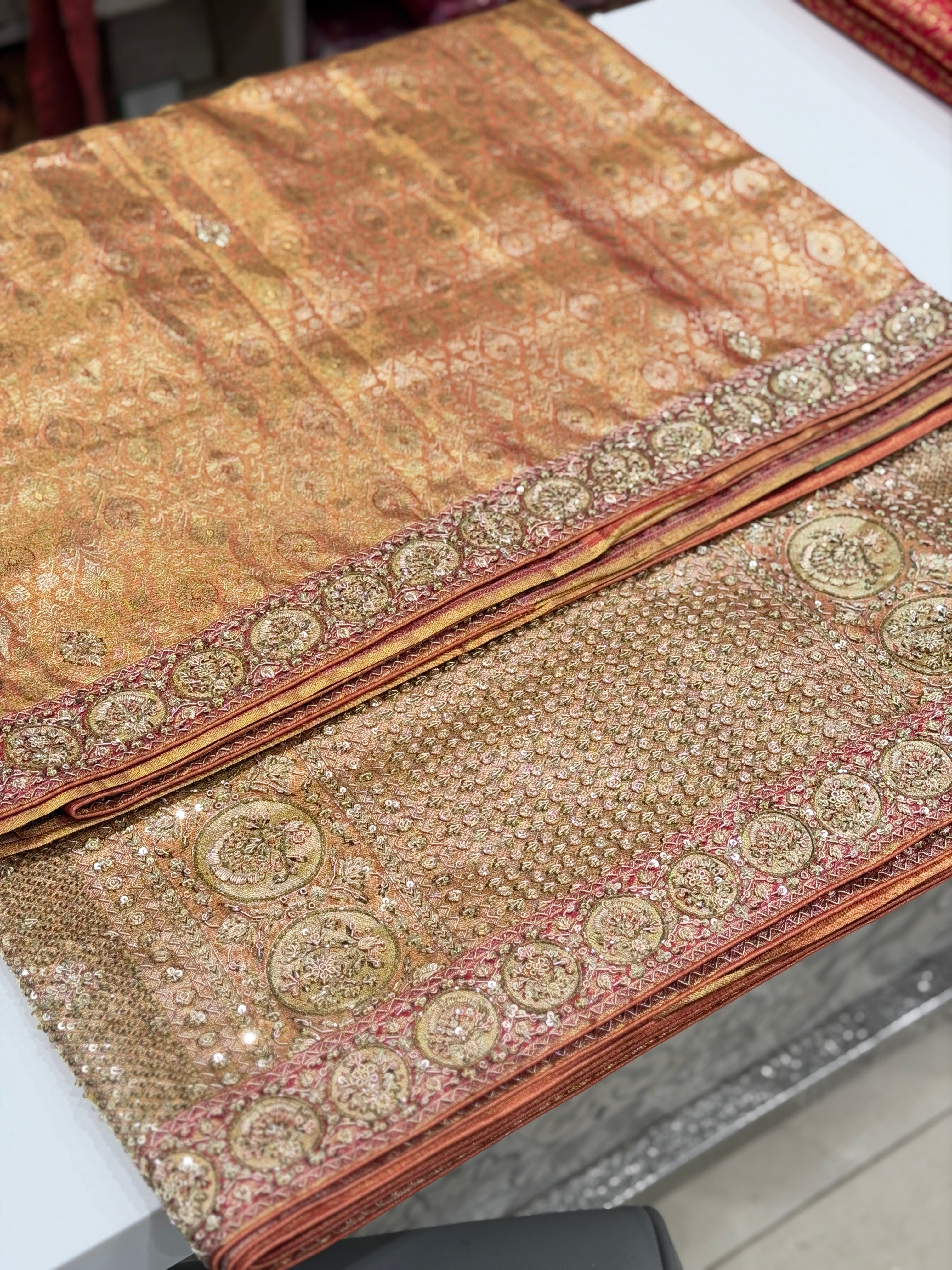 Red Tissue Kanjivaram Zardosi Meenakari Border Hand Embroidery Saree