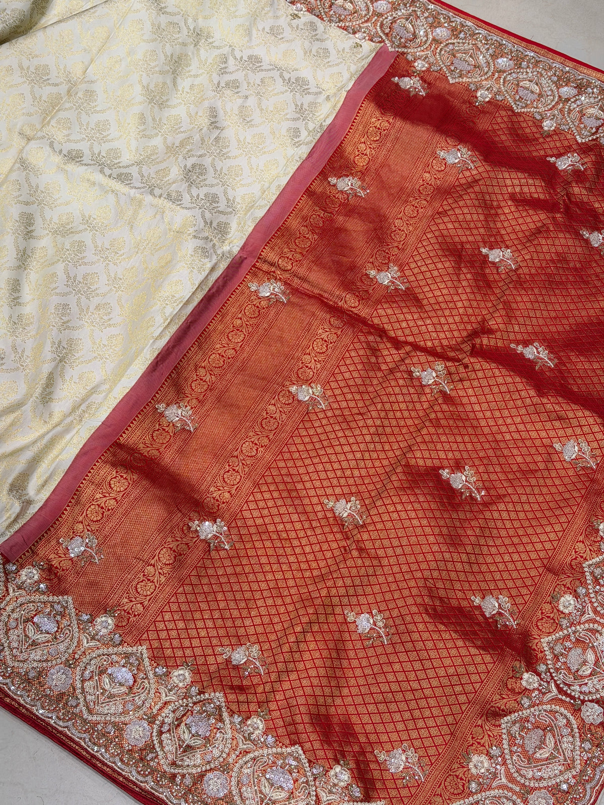 White Red Pure Silk Kanjivaram Moti Zardosi Hand Embroidery Saree
