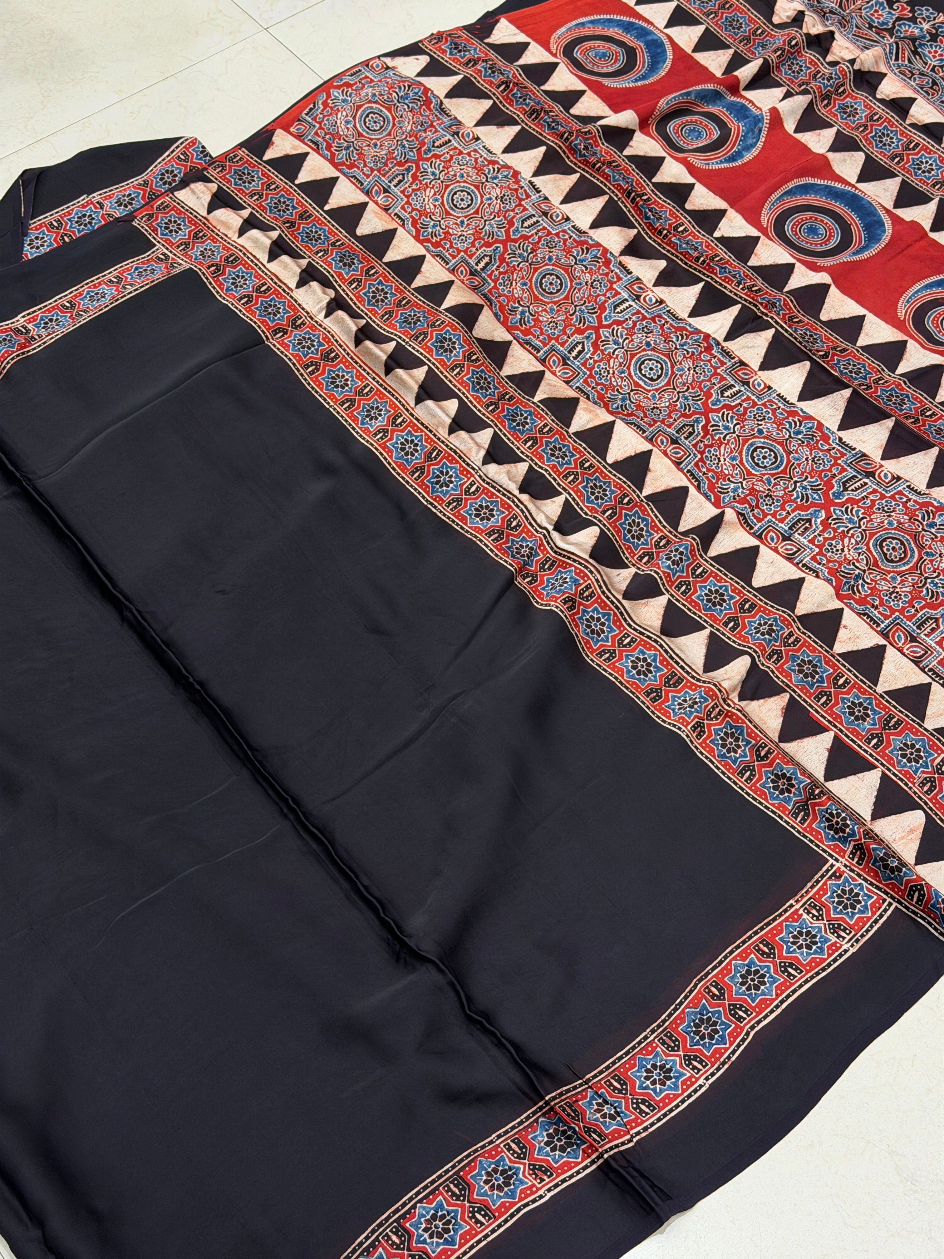Black Plain Red Blue Pallu Ajrakh Hand Block Print Pure Modal Silk Saree
