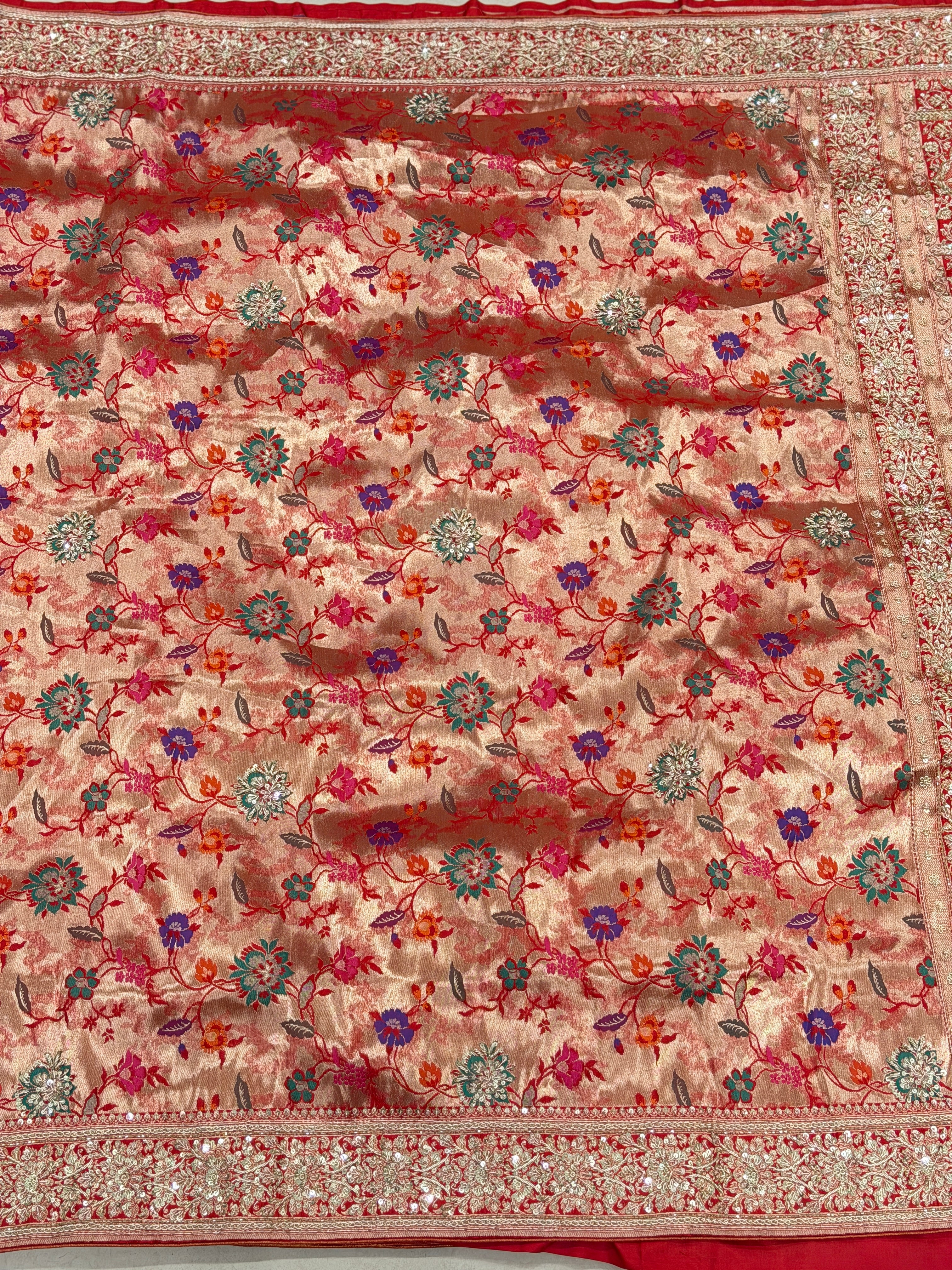 Banarasi Katan Tissue Meenakari Weave Zardosi Hand Embroidery Saree